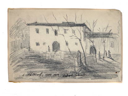 AN ABRAHAM WALKOWITZ PENCIL ON PAPER "ITALY" DRAWING: Abraham Walkowitz, a pencil on paper on cardboard drawing depicting a house, bare trees and human figures. Signed, titled and dated by the author lower middle "A. Walkowitz, Italy, 1904". Additionall