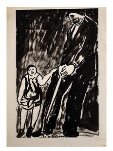 AN ABRAHAM WALKOWITZ INK ON CARDBOARD DRAWING, RUSSIAN: Abraham Walkowitz, an ink on cardboard drawing depicting a little boy and an old man. Signed by the author lower middle "A. Walkowitz".Provenance: Swann GalleryAbraham Walkowitz (1878-1965) was a Russ