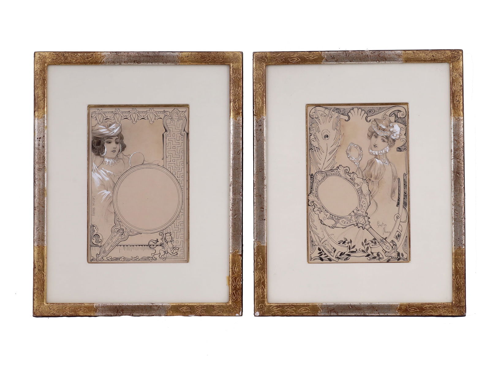 A PAIR OF ART NOUVEAU DRAWINGS BY GASTON NOURY: Gaston Noury (French, 1866 - 1936), a pair of drawings, each representing a lovely young woman with a hand mirror surrounded by exquisite Art Nouveau motifs. Painted in watercolor and ink heightened w