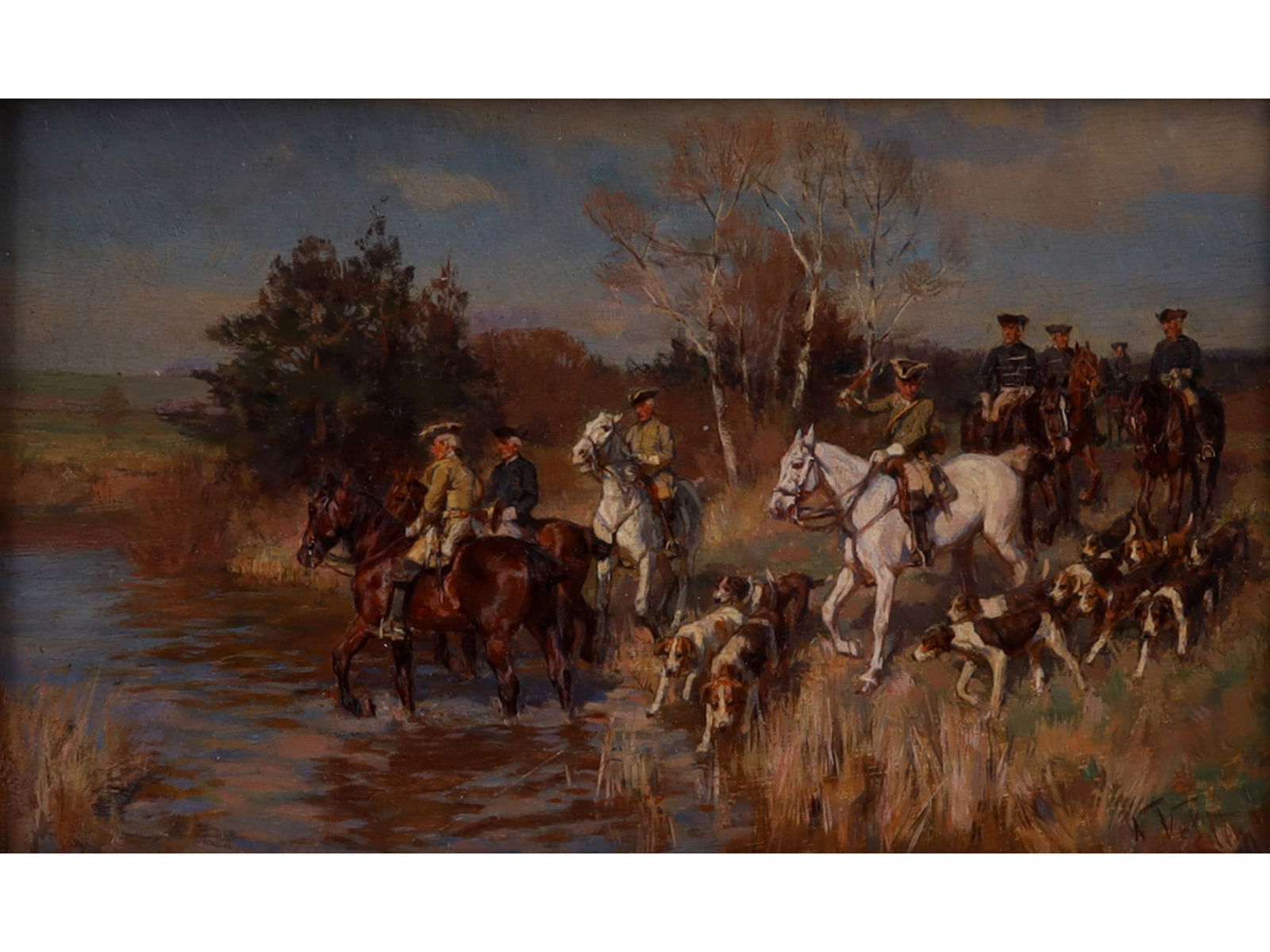 A WILHELM VELTEN RUSSIAN OIL PAINTING OF A HUNTING SCENE (1 of 4)