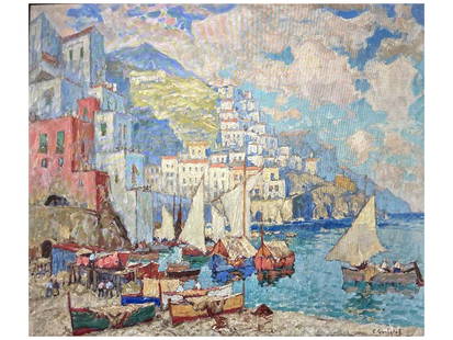 A KONSTANTIN GORBATOV OIL ON CANVAS PAINTING, RUSSIAN, 1933: Konstantin Gorbatov (1876 – 1945) "Amalfi", 1933. Oil on canvas. Signed at lower right. Housed in a gilded wooden frame. Signed, titled and dated on the verso. Has a "Gustav Schröter, Hambur