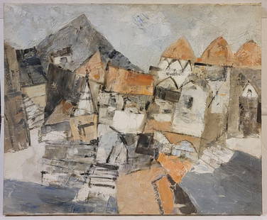 A RAM KUMAR INDIAN OIL ON CANVAS PAINTING: Ram Kumar (1924 - 2018), oil on canvas painting depicting an abstract cityscape. Signed on the verso top right: Ram Kumar, dated 81. Dimensions noted: 25 1/2 x 31 in. Housed in a wooden frame. Born in