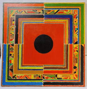 A SAYED HAIDER RAZA INDIAN ACRYLIC ON CANVAS PAINTING: Syed Haider Raza (Indian, 1922 - 2016), acrylic on canvas painting with an abstract composition titled "Bindu", signed on the lower right, also signed and dated on the verso 1981, inscribed "Acrylic o