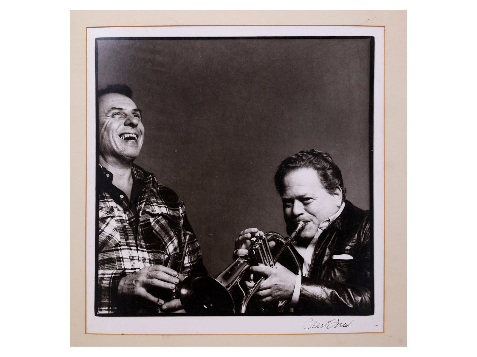A PICTURE OF IRA SULLIVAN AND RED RODNEY BY CAROL FRIEDMAN: Carol Friedman, a portrait of jazz musicians Ira Sullivan and Red Rodney. Printed by the author, signed lower right. Matted.Featured on page 55 of Friedman's photography book "A Moment's Notice, portr