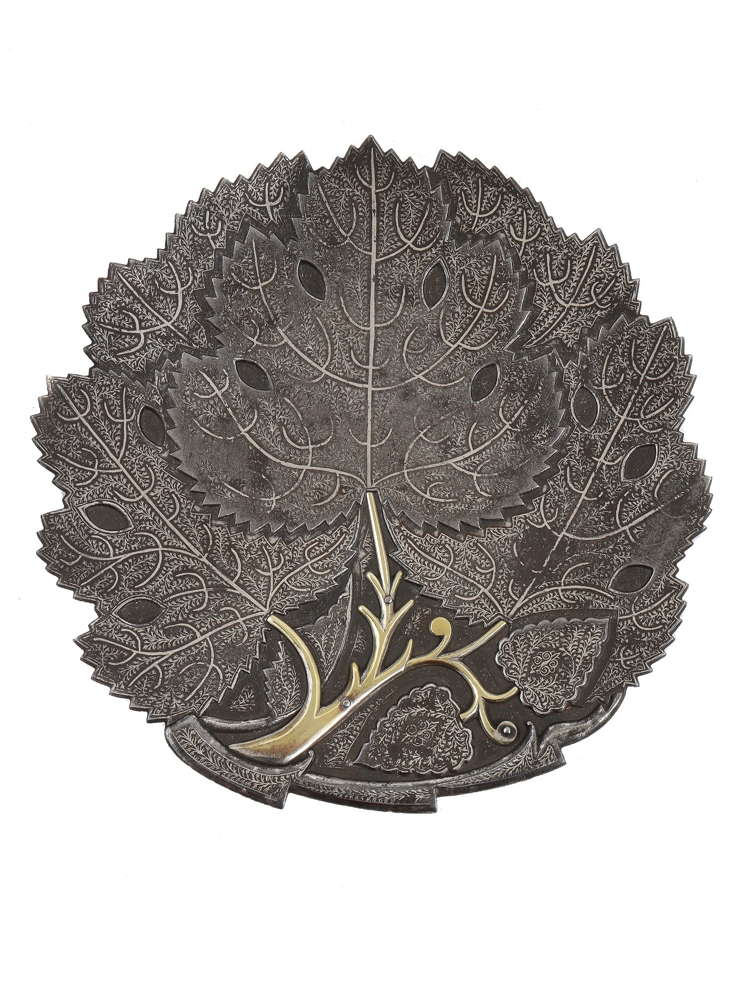 A 19TH C. INDO PERSIAN KOFTGARI LEAF PLATE WITH INLAY (1 of 3)