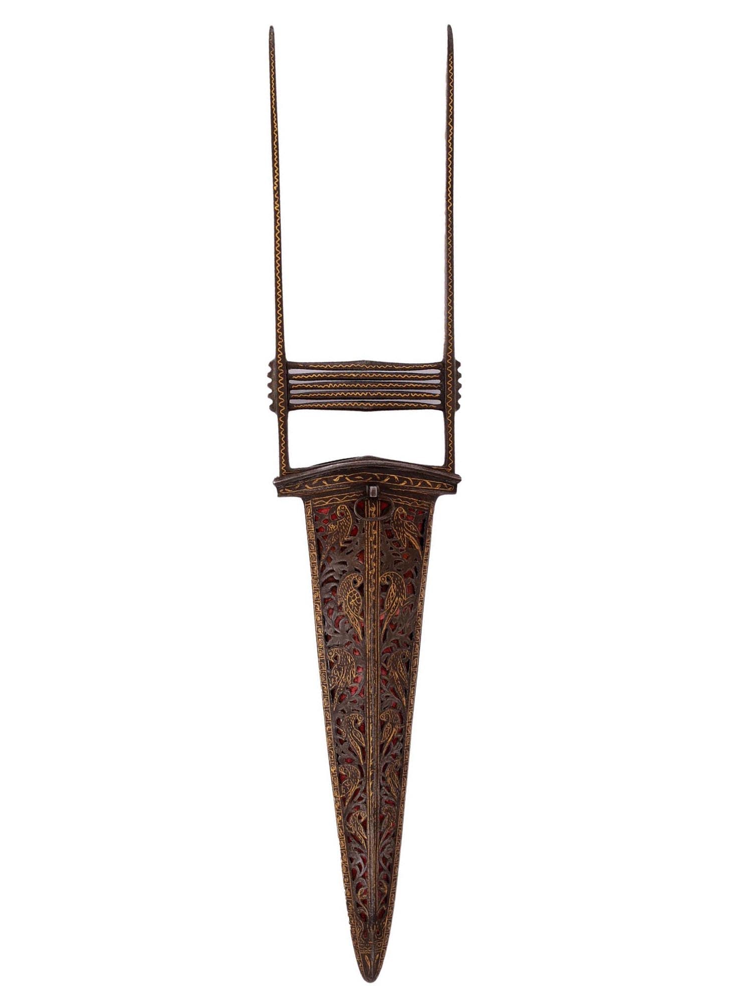 A FINE GOLD-INLAID KOFTGARI KATAR DAGGER, INDIA, 19TH CEN.: A large Katar dagger with a Damascus steel blade with two fuller on each side and reinforced tip for armor-piercing (Zirrah bouk), with a characteristic handle cast in steel inlaid with gold koftgari.