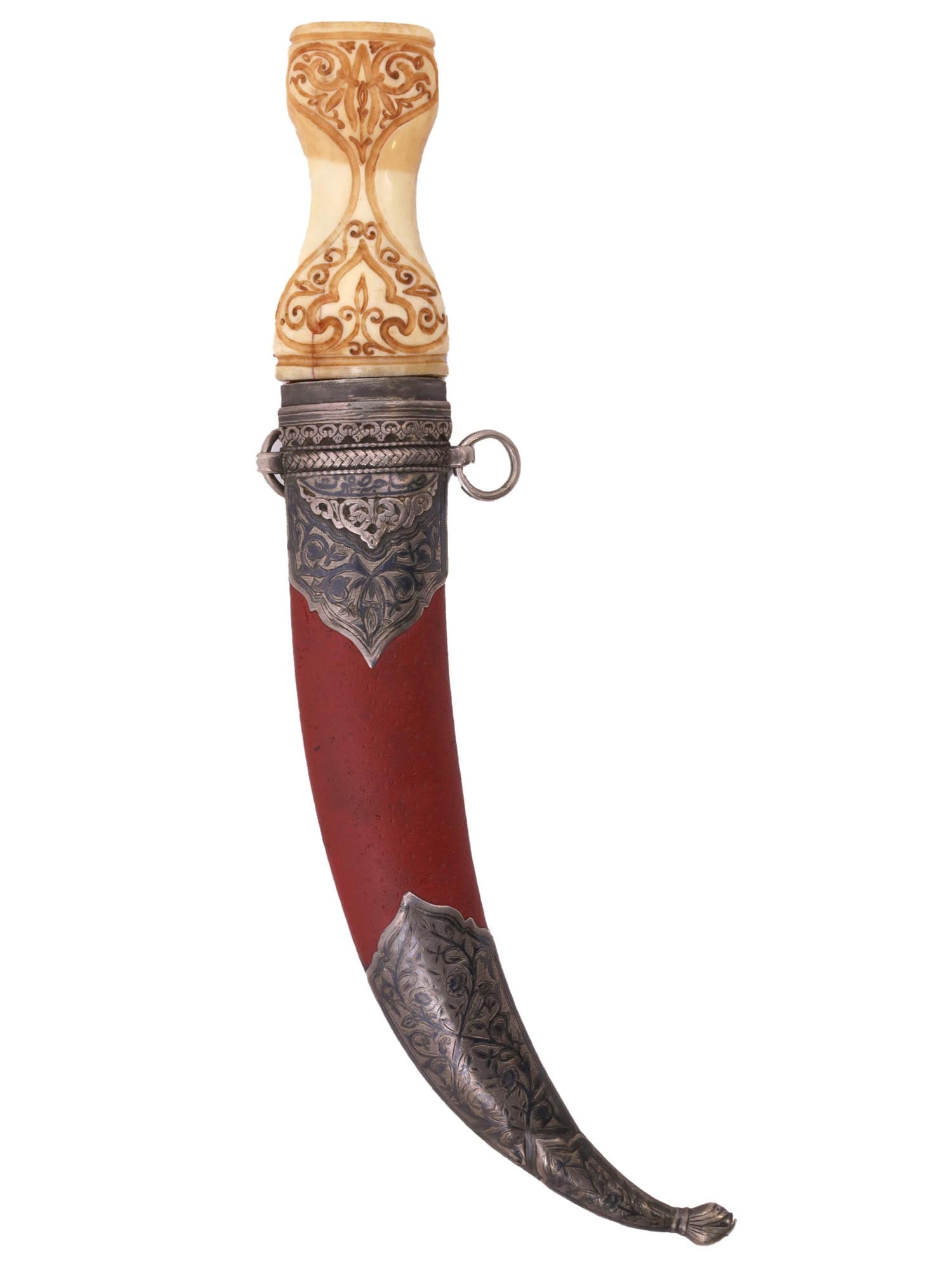 A PERSIAN 19TH CEN. JAMBIYA DAGGER IN SILVER MOUNTS: The blade is of a characteristic form, slightly curved, diamond-shaped cut, double-edged made of Damascus steel. The scabbard mounts are made of silver decorated with engraving and niello. The grip is