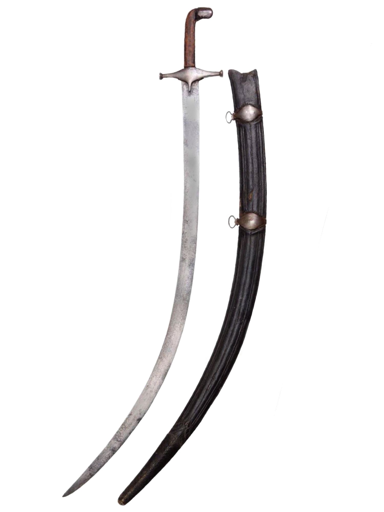 A CENTRAL ASIAN TURKMEN SHAMSHIR SABRE SWORD, 19TH CENTURY.: A rare Central Asian (Turkmen/Northern Afghanistan) Shamshir sword with a typical curved single-edged blade. There are cartouches with the maker's name and Islamic religious inscriptions incrusted wit