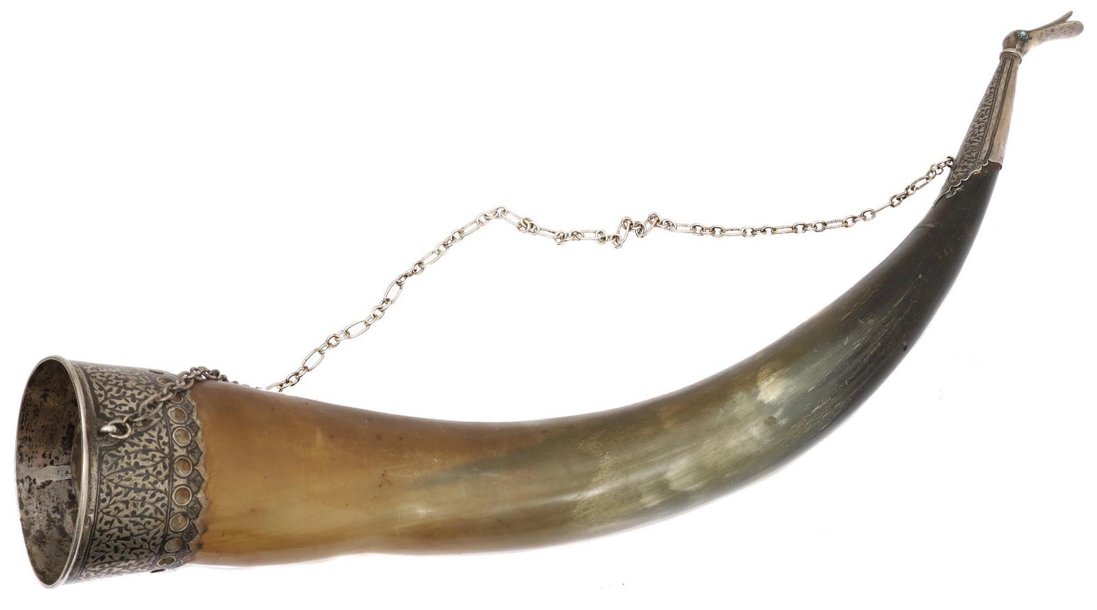 A CAUCASIAN ARMENIAN PRESENTATION SILVER-MOUNTED HORN 1912: A Rare Caucasian presentational drinking horn. Crafted from polished bovine horn with nielloed silver pommel and tip. With suspension chain. On the tip, there is an inlay of turquoise, and a commemora
