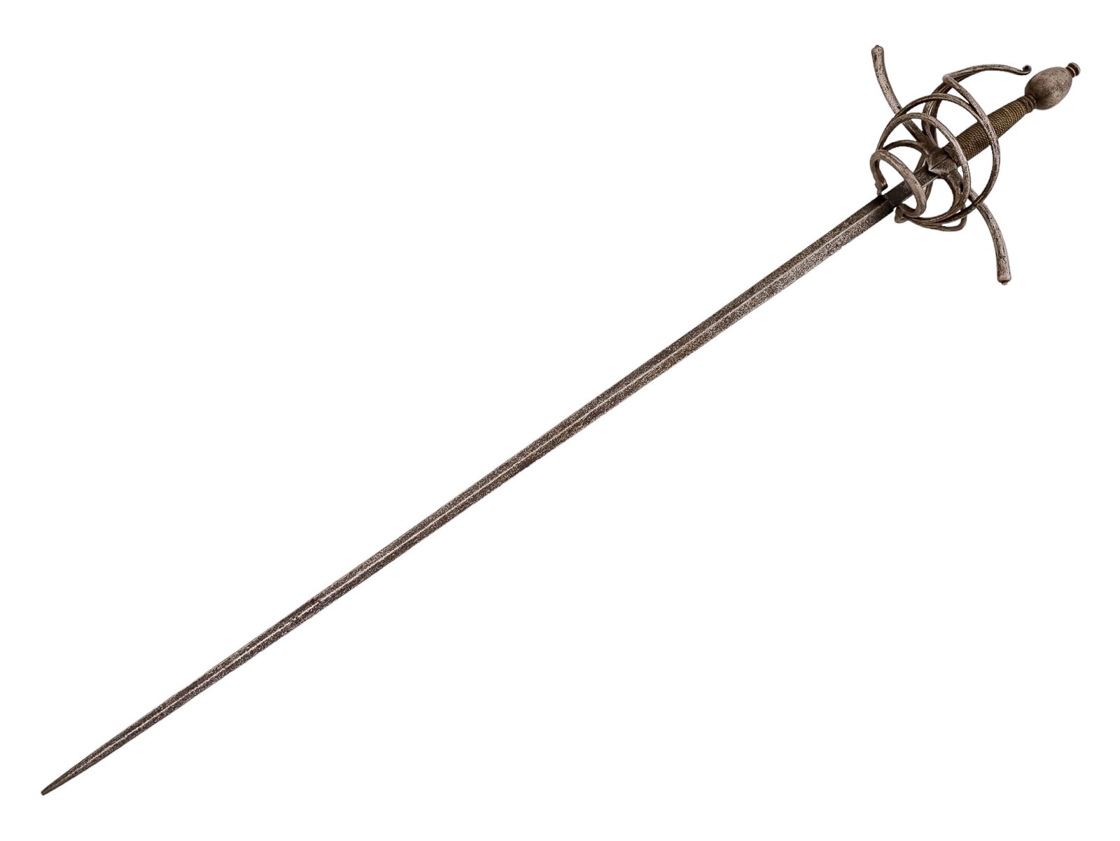 A FINE ITALIAN SWEPT HILT RAPIER, 17TH CENTURY: A fine swept hilt rapier with a pointy diamond-section blade. Wire-wrapped grip with solid steel hand-forged pommel, open basket and s-shaped quillons. Italy, 18th century. Provenance: Private collect