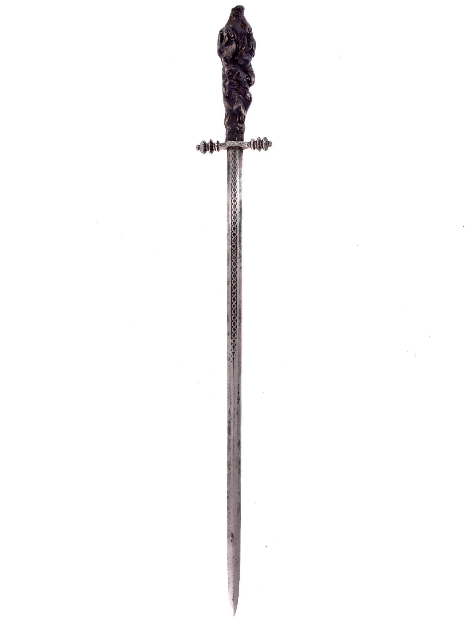 A STILETTO DAGGER WITH ENGRAVED BLADE, 18TH CEN.: Probably an Italian stiletto dagger with an etched blade. The cross guard is made of chased steel decorated with a chased geometrical pattern. The hilt is a carved wood forming a scene of a bore chase