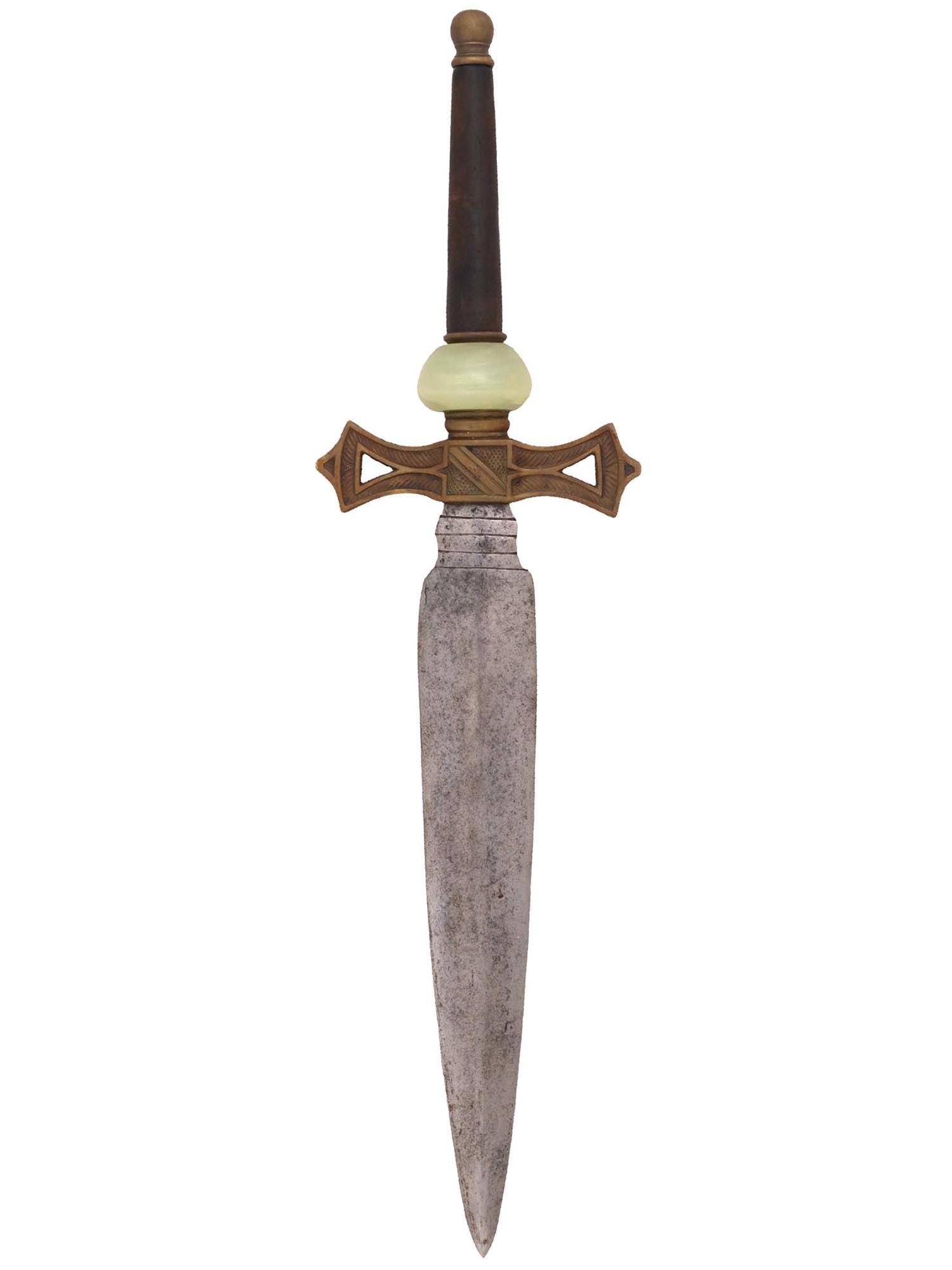 A CONTINENTAL EUROPE PLUG BAYONET WITH JADE MOUNT, 19TH CEN.: With a double-edged tampering shape blade, pierced and engraved brass cross guard and ball-shaped pommel. Round carved-jade collar and turned-wood handle. Ca. 1840. L: 17 in., (43 cm.)