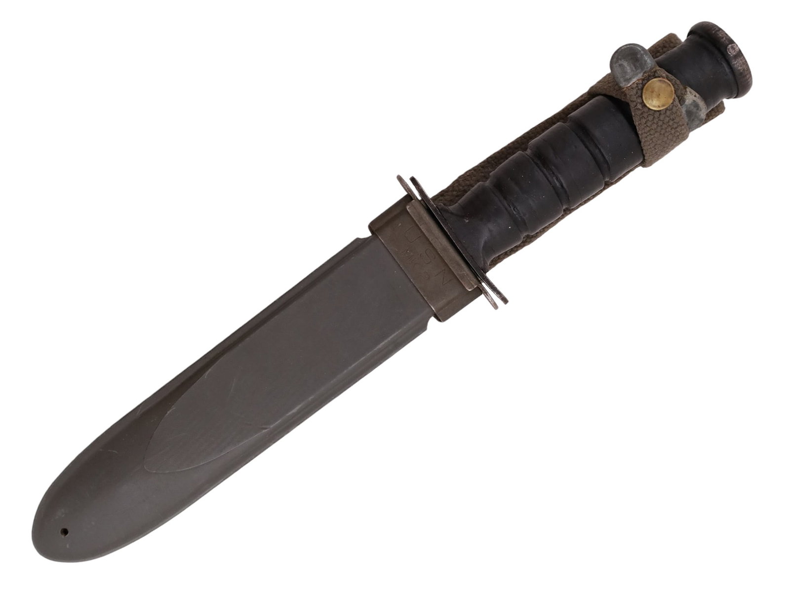 AN US NAVY WWII MARK 2" CAMILLUS FIGHTING KNIFE: A United States Navy WW2 Mark-2 combat knife with a ribbed wooden grip and plastic scabbard stamped "USN MK2" and canvas belt mount. Note: The M3 trench knife or M3 fighting knife was an American mili