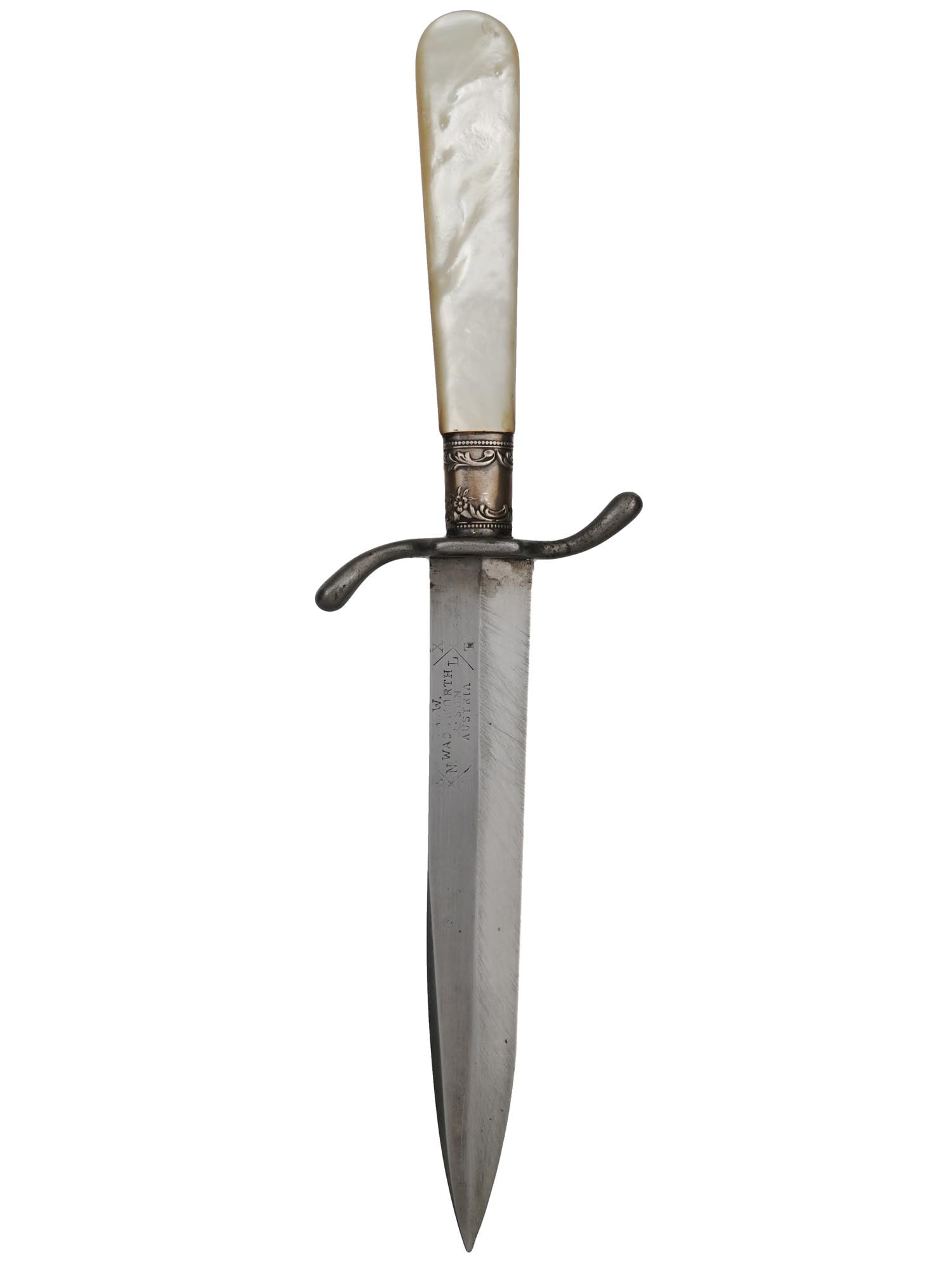 A NICE BOWIE KNIFE WITH MOTHER-OF-PEARL GRIP, CA. 1900: Austria double-edged pointy blade knife, with a 6-inch blade, marked "A.W. Wadsworth with XLNT cross marks, Austrian", the Wadsworth is a trading name of A. Kastor Bros., Germany. L: 10 3/4 in., (27 c