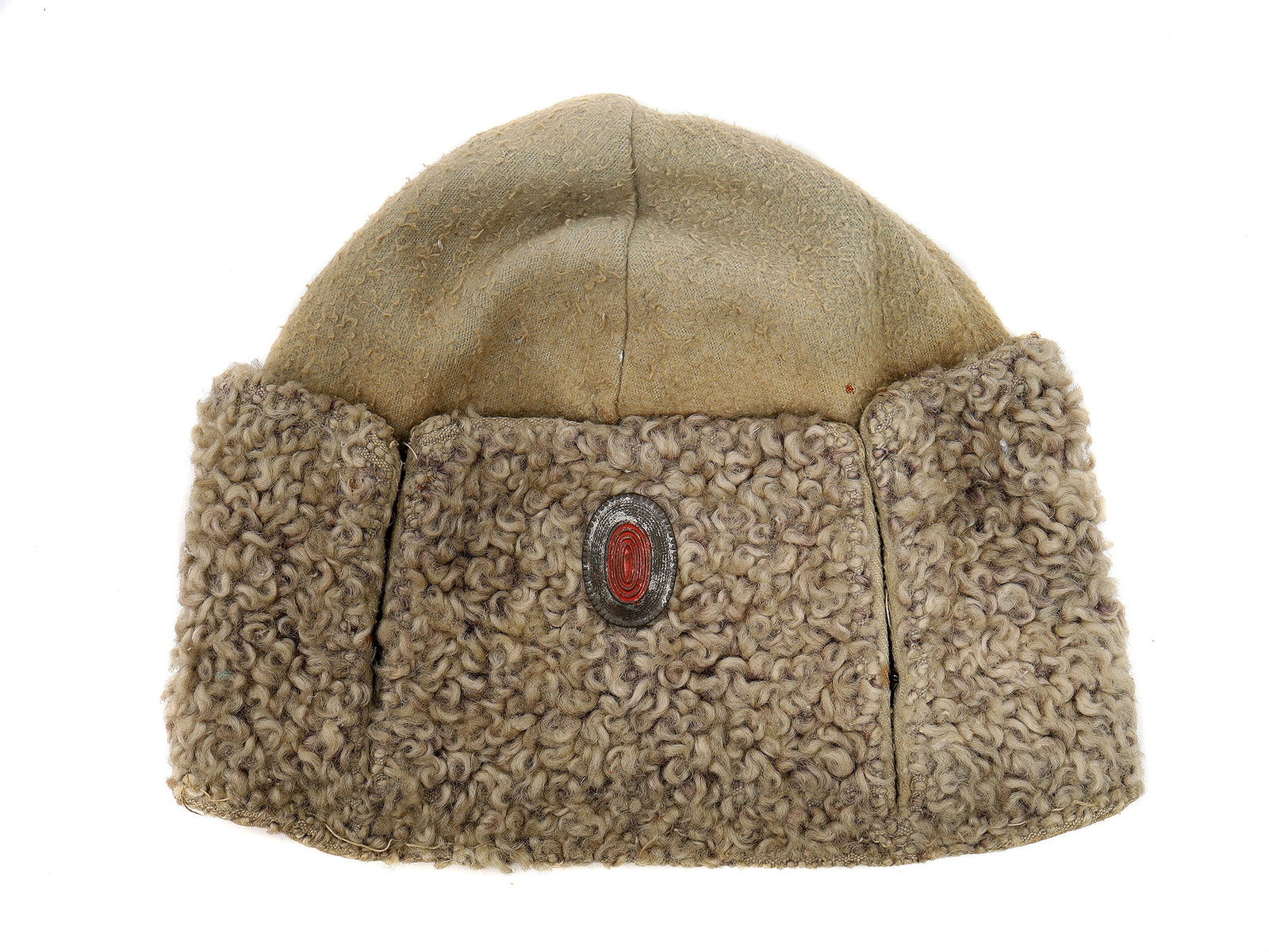 AN ORIGINAL IMPERIAL RUSSIAN ARMY OFFICER PAPAKHA WOOL HAT: A Russian papakha hat is a wool hat worn by men throughout the Caucasus and also in uniformed regiments in the region and beyond. This piece was used during WWI and or the Russian Civil War. D: 9 in.,