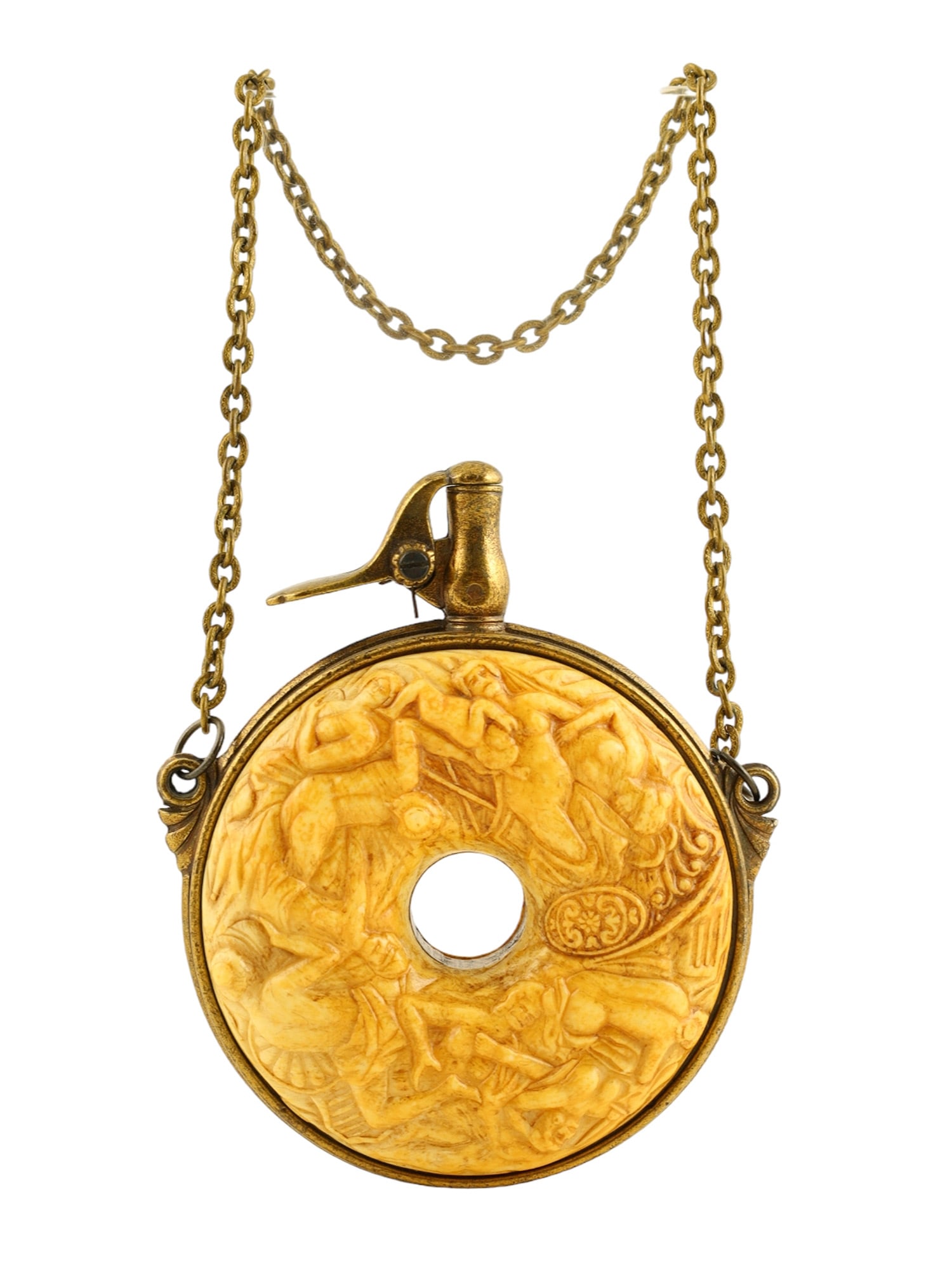 A PROBABLE VICTORIAN ERA 17TH CENTURY POWDER FLASK STYLE: This item is probably a Victorian-era reproduction of a 17th-century-style German powder flask. The piece as a whole is in fine condition. The brass is lightly patinated, the carving on the body of th