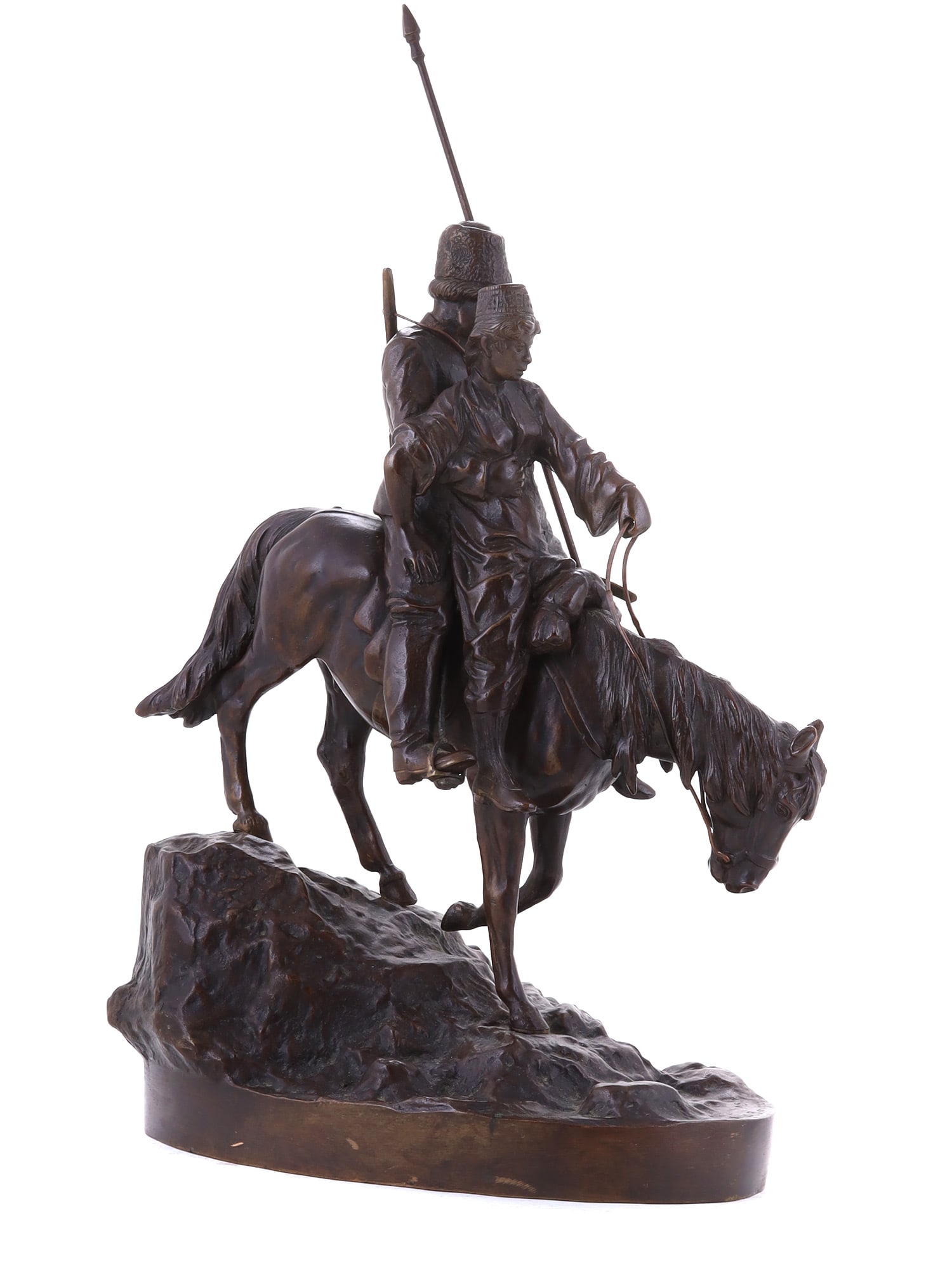 A RUSSIAN BRONZE COSSACK GROUPNG BY GRACHEV, 1900: Modeled by Vasiliy Grachev, and cast by Albert Moritz Wolff (1854–1923), a Russian bronze grouping depicting a mounted Cossack with a girl by his side. Signed A. M. Wolff in Cyrillic to the oval bas