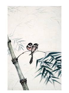 A CHINESE WATERCOLOR DRAWING OF BIRDS BY HU SHI XI: Hu Shi Xi (Chinese, born 1905), watercolor on paper painting depicting two birds sitting on a bamboo branch. Circa 1950s. Unsigned. Note: Hu Shi Xi was a Chinese dignitary, the Chief Ambassador of the