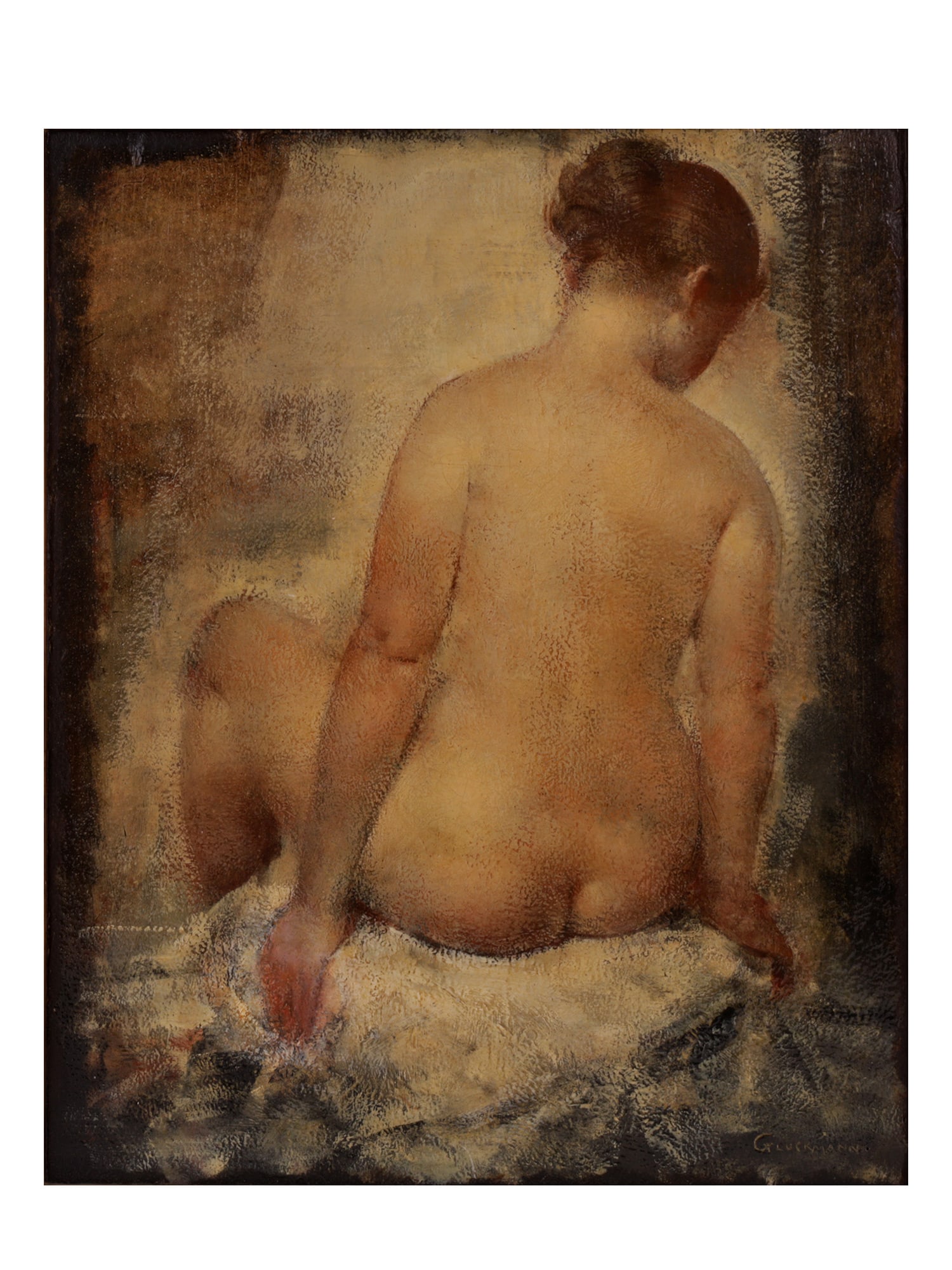 A GRIGORY GLUCKMANN, RUSSIAN, OIL ON PANEL PAINTING "YOUNG MODEL," 1940: Grigory Gluckmann (Russian, American, 1898 - 1973), an oil on panel painting "Young Model," 1940. Signed by the artist lower right. Housed in an original period carved wood and gesso frame with a line