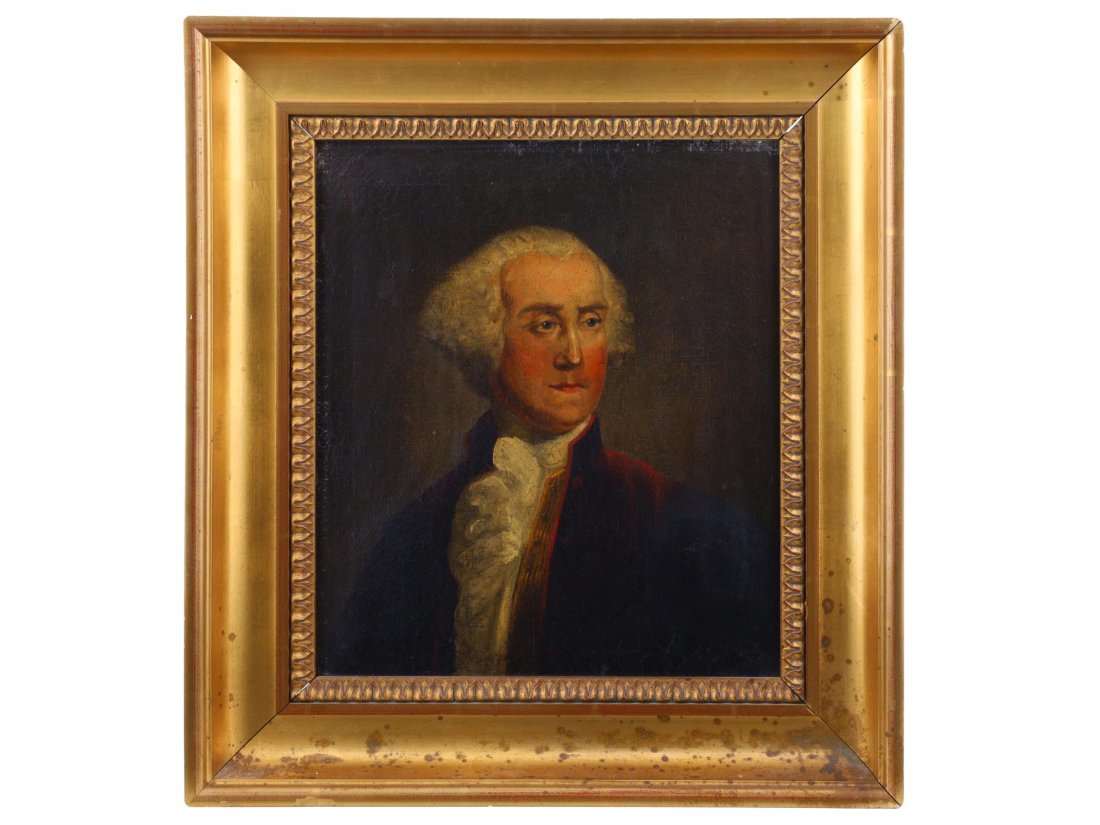 AN OIL ON CANVAS PAINTING ATTRIBUTED TO GILBERT STUART, 19 C.: Oil on canvas portrait of George Washington with powdered hair, wearing a dark cherry red velvet coat attributed to Gilbert Stuart (American, 1755 - 1828). Housed in a giltwood frame. Note: Gilbert St
