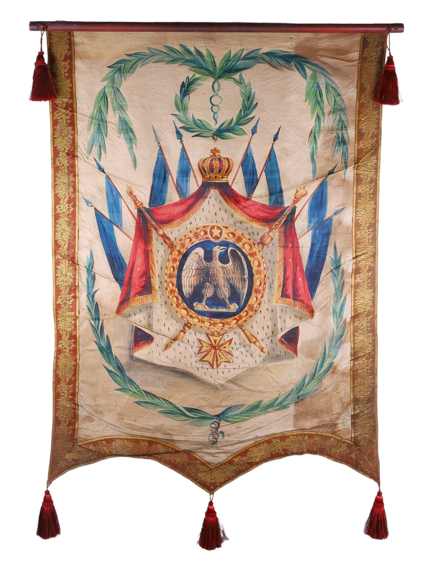A BANNER WITH NAPOLEONIC HERALDRY, MID 19TH C.: The banner is of cloth with embroidered edges and a painted depiction of the Imperial Eagle of Napoleon Bonaparte surrounded by his coronation robe and scepters and is topped with an imperial crown. T
