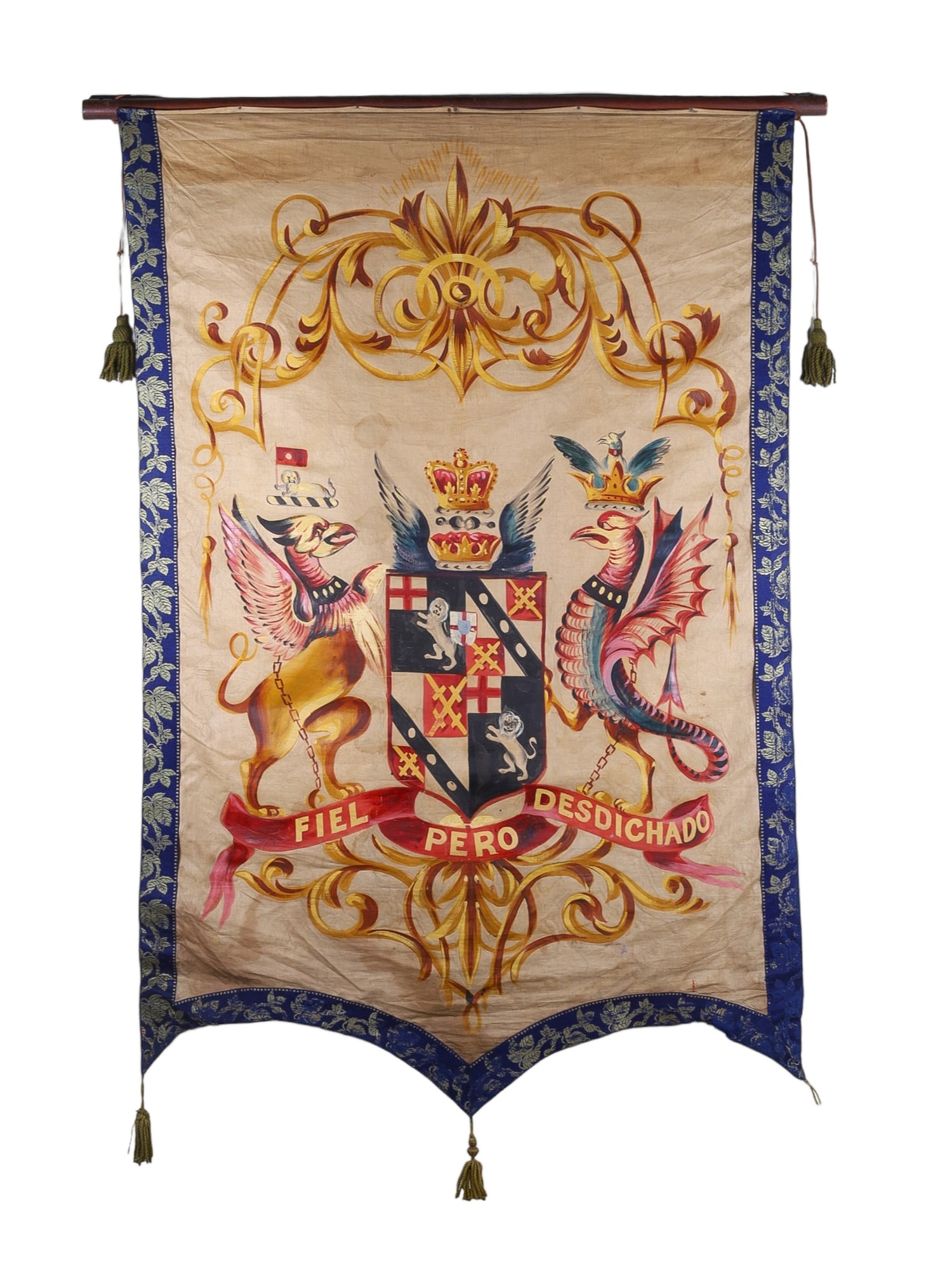 A BANNER WITH DUKE OF MARLBOROUGH HERALDRY, MID 19TH C.: The banner is of cloth with embroidered edges and a painted depiction of the coat of arms of the Dukes of Marlborough, all members of the important Churchill family, the most famous of whom was Winsto