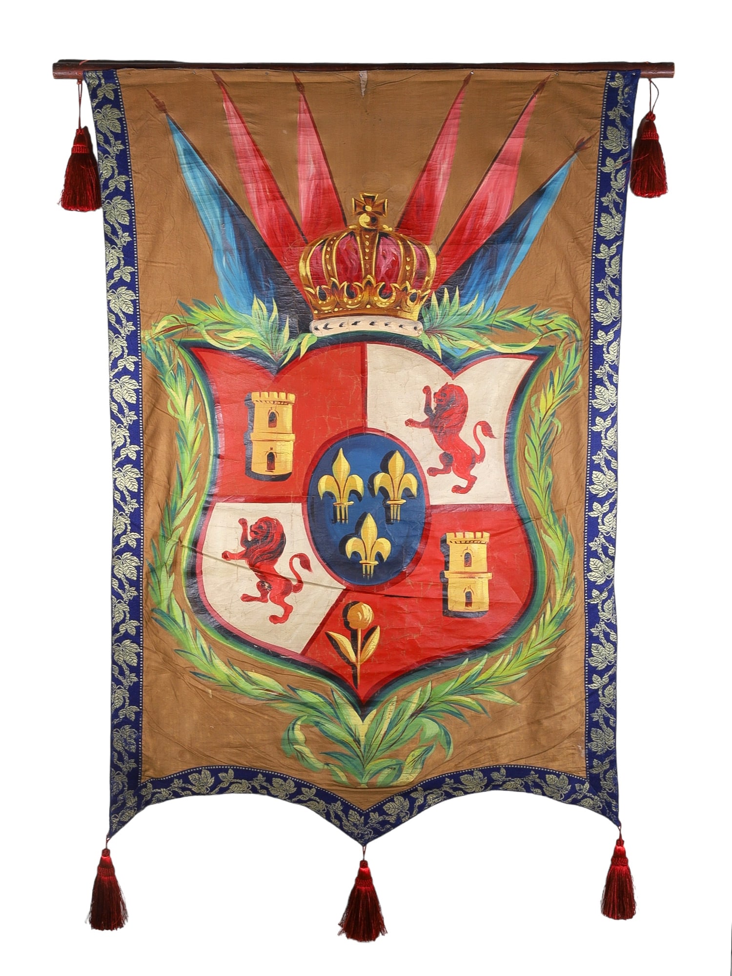A BANNER WITH BOURBON SPANISH HERALDRY, 19TH CENTURY.: The banner is of cloth with embroidered edges and a painted depiction of the coat of arms of the Spanish Bourbons, surrounded by vines and flags and topped with an imperial crown. The piece is suspend