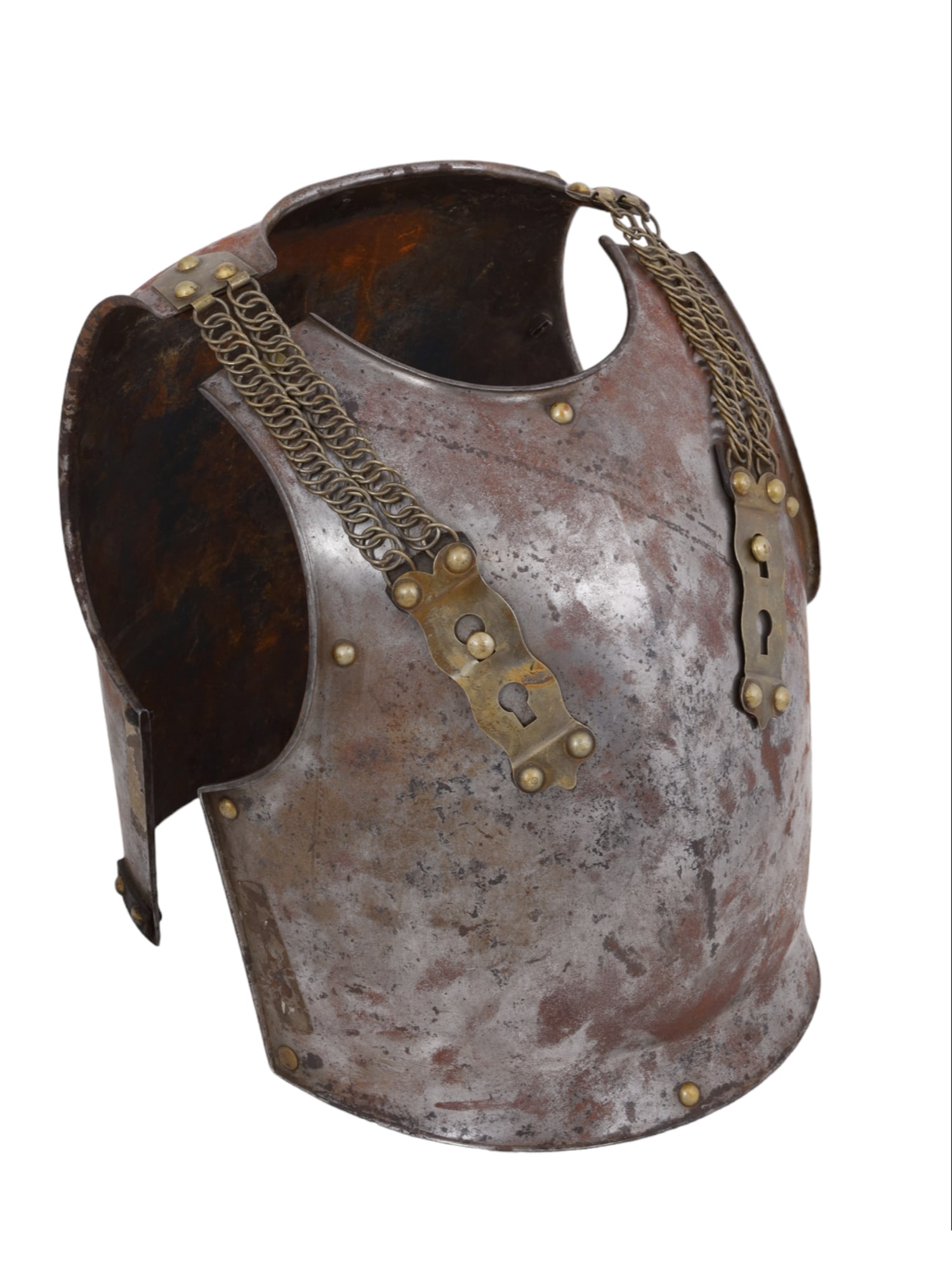 A FRENCH CUIRASSIER'S ARMOR, CA. 1828: This is a nice example of the Model of 1825 Cuirass used by the eponymously named Cuirassiers. It is primarily of steel, affixed with brass rivets at the edges as well as two protruding brass studs ne