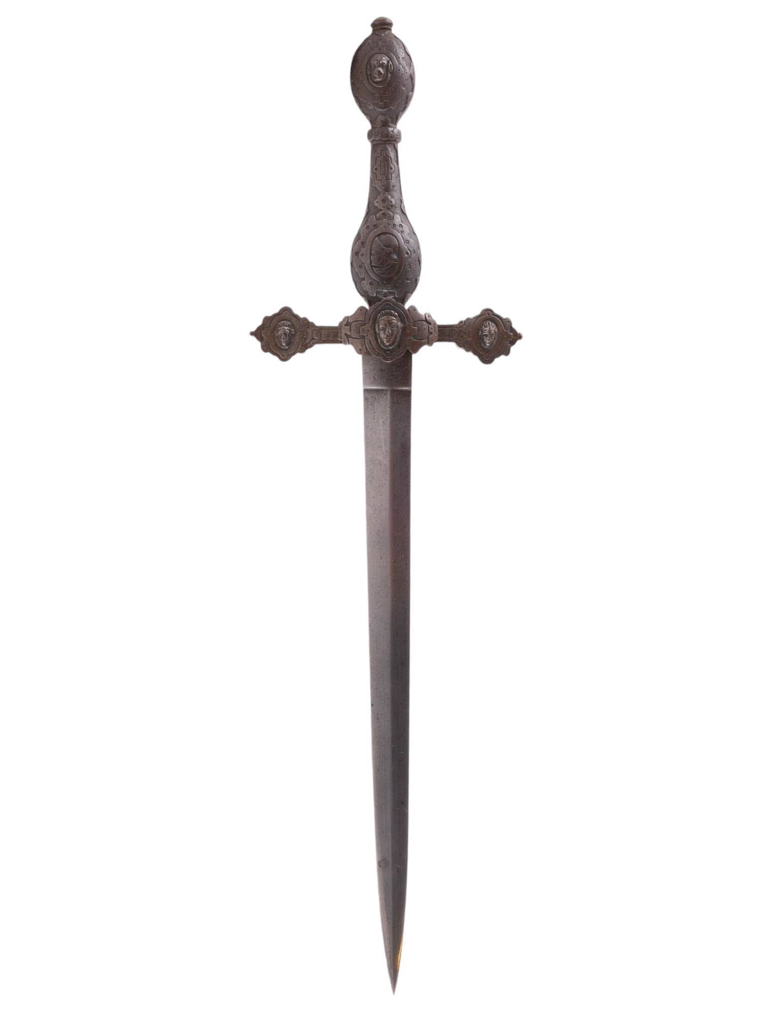 A VICTORIAN-ERA RENAISSANCE STYLE DAGGER: A Victorian-era dagger in the renaissance style, possibly a souvenir of the 'Grand Tour'. The pointed blade is of steel and is affixed to a decorated hilt. The hilt is of browned steel decorated with
