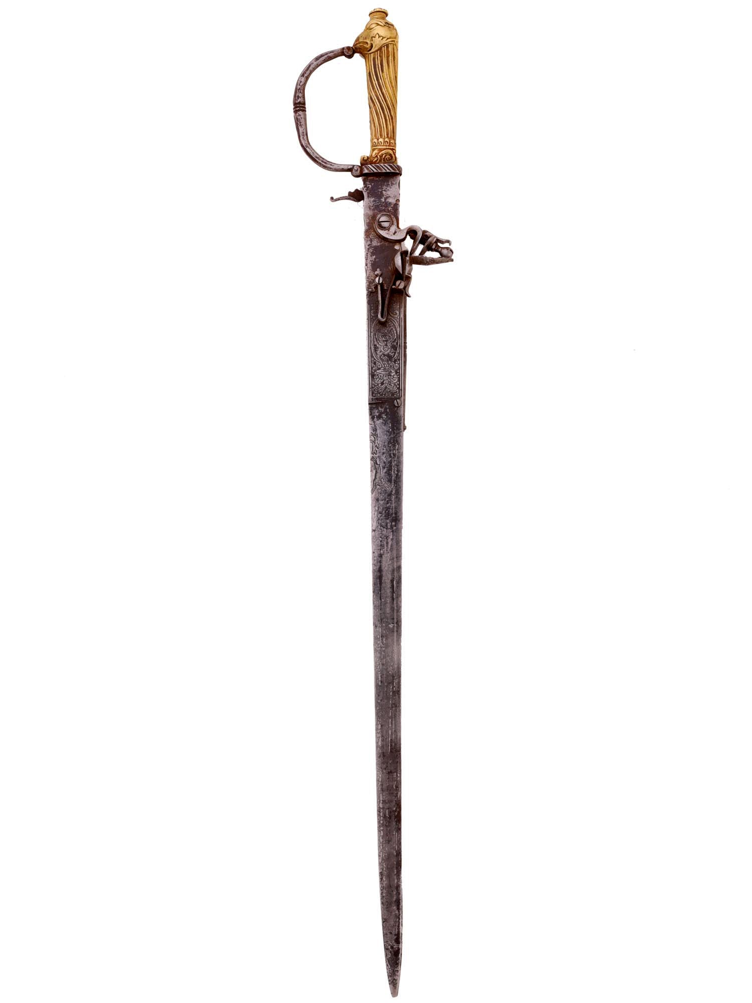 A EUROPEAN COMBINATION FLINTLOCK PISTOL AND DAGGER, 18 CEN.: Late 18th cen. German combination hunting dagger with flintlock pistol attached. Cast-bronze hilt with steel pommel, trigger guard, and clamshell guard. The flintlock is in working order. The single-e