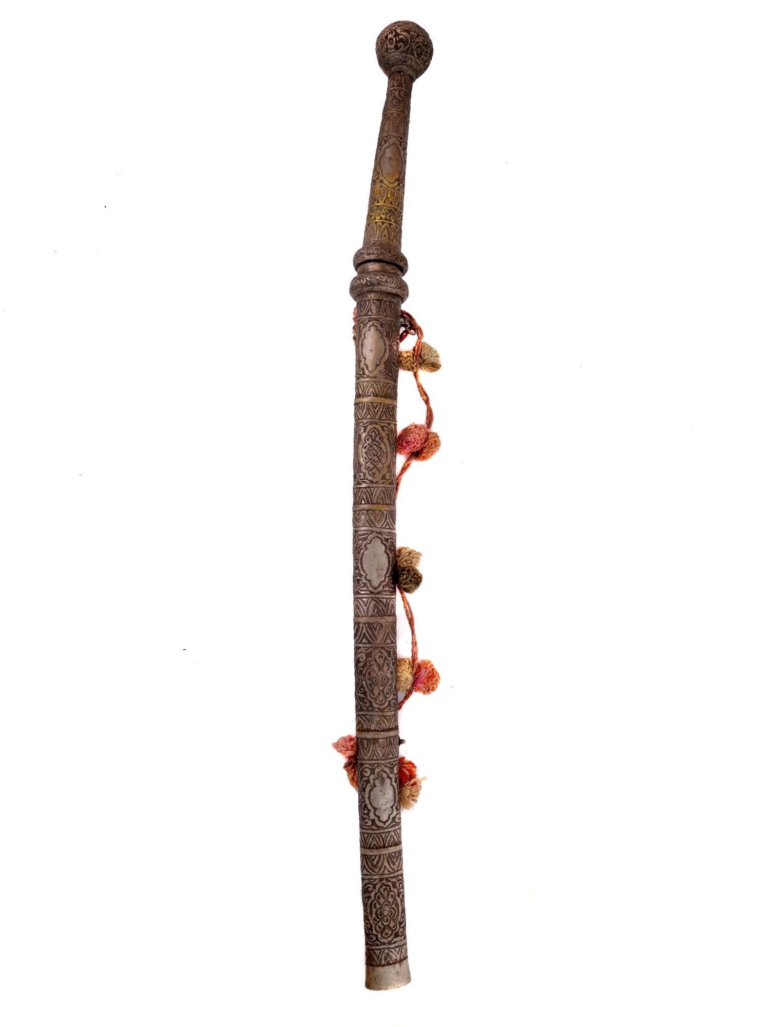 A SILVER-MOUNTED LARGE BURMESE SWORD DHA, 19TH CEN.: A larger Burmese Dha sword of a traditional form with a slightly curved single-edged blade decorated with silver inlay. The pommel and scabbard are made of chased brass. Ca. 1900. L: 46 3/4 in., (118.