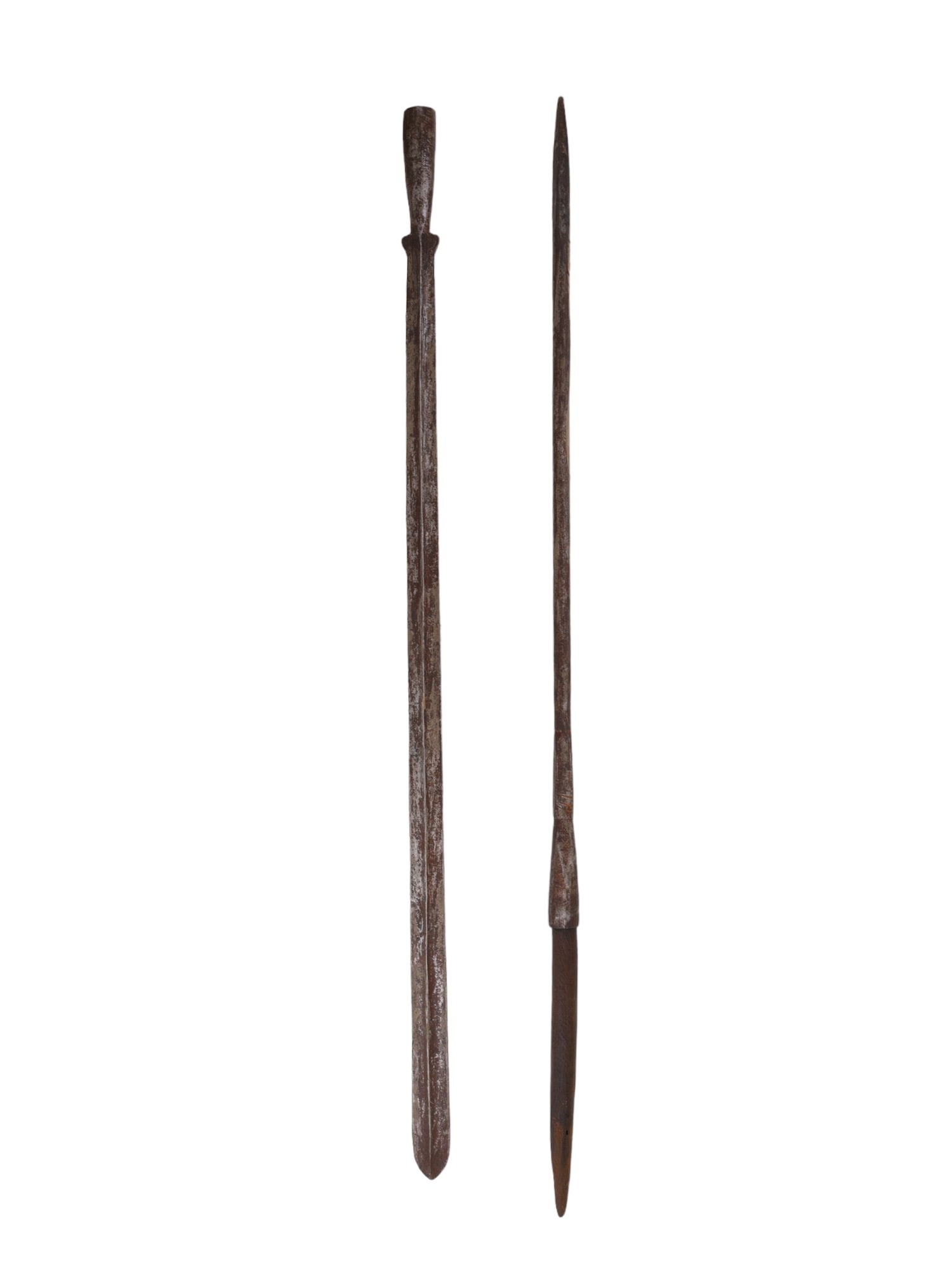 A MAASAI WARRIOR'S HAND-FORGED LION HUNTING SPEAR, 19TH C.: A traditional style of spear used by the Maasai people of East Africa to hunt lions and protect cattle. The spearhead is a long spatulated steel blade with a raised midrib running down the length of i