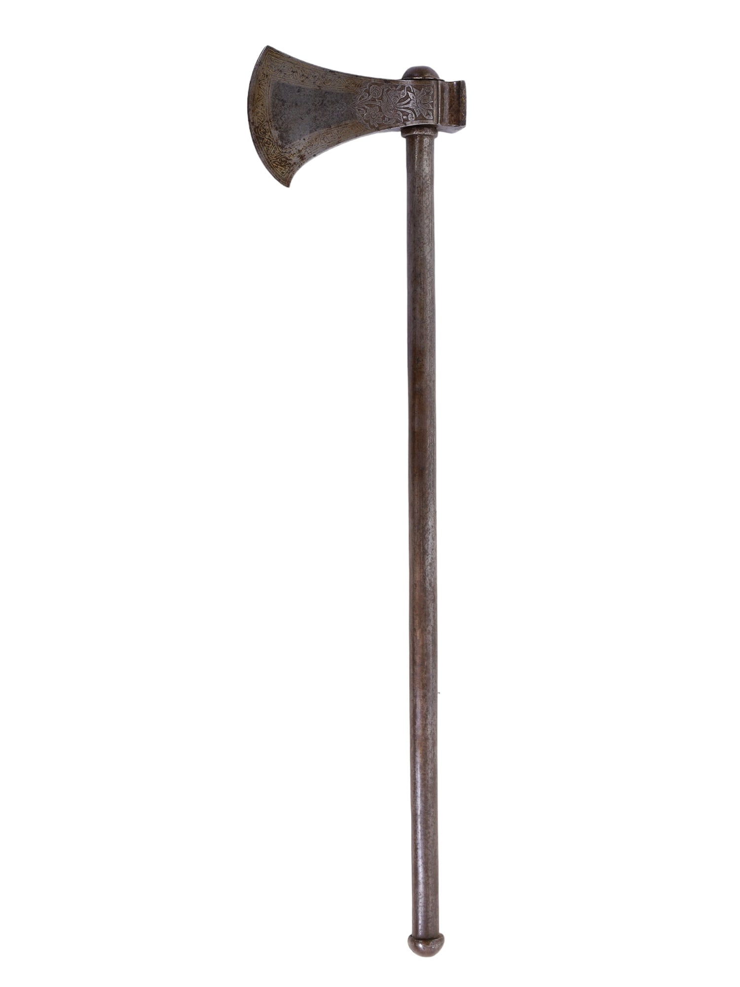 AN INDO-PERSIAN ENGRAVED DAMASCENE 'TABAR' AXE, 19TH C.: A beautifully decorated Tabar axe with gold damascene swirling designs around the edges of the axe head. In addition, there are two engraved sections, one on each cheek of the axe, depicting birds nes