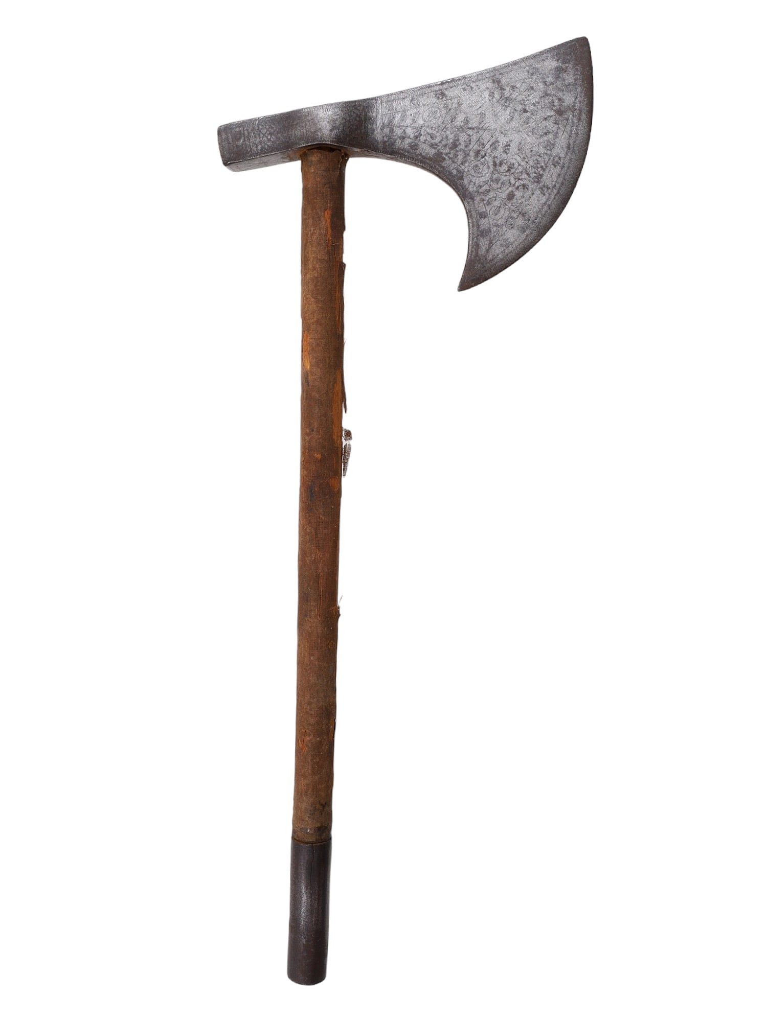 A PERSIAN TABARZIN BATTLEAXE WITH SILVER INLAY, 19TH C.: The gently curved head of this axe is decorated with floral motifs in silver-inlay throughout its entirety, with most of the decoration still visible. The shaft is a cylindrical wooden rod capped with