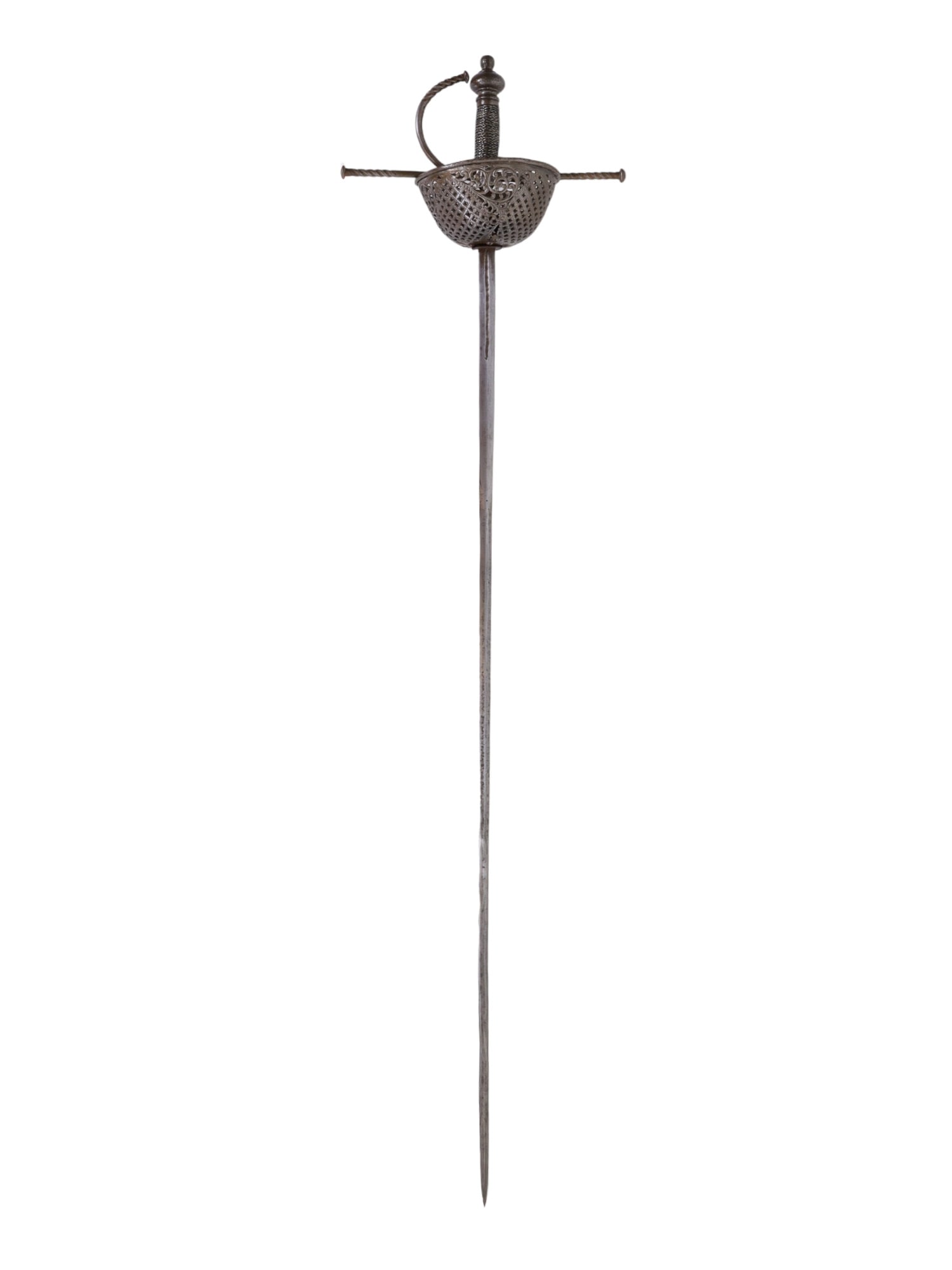 AN ITALIAN PIERCED CUP-HILT RAPIER, 17TH CEN.: A 17th-century Italian rapier with a cup-hilt guard that has been decorated with cutouts and engraved foliate designs all over. Inside the cup are two finger rings for holding the rapier in the "pisto