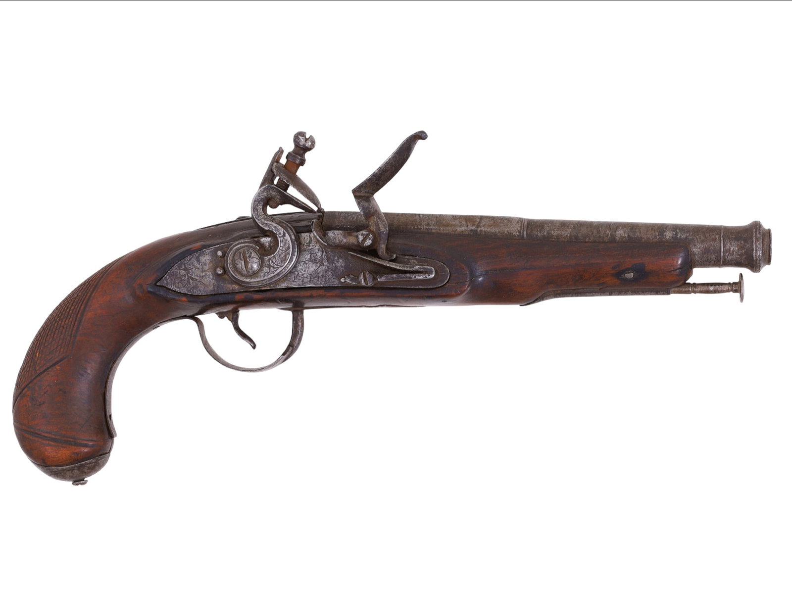 A SPANISH FLINTLOCK PISTOL, CA. 18TH C.: This is a Spanish flintlock pistol of the mid to late 18th century with a well-made cannon style barrel with an octagonal breech section, cylindrical main barrel, and a flared muzzle. The lock mechani