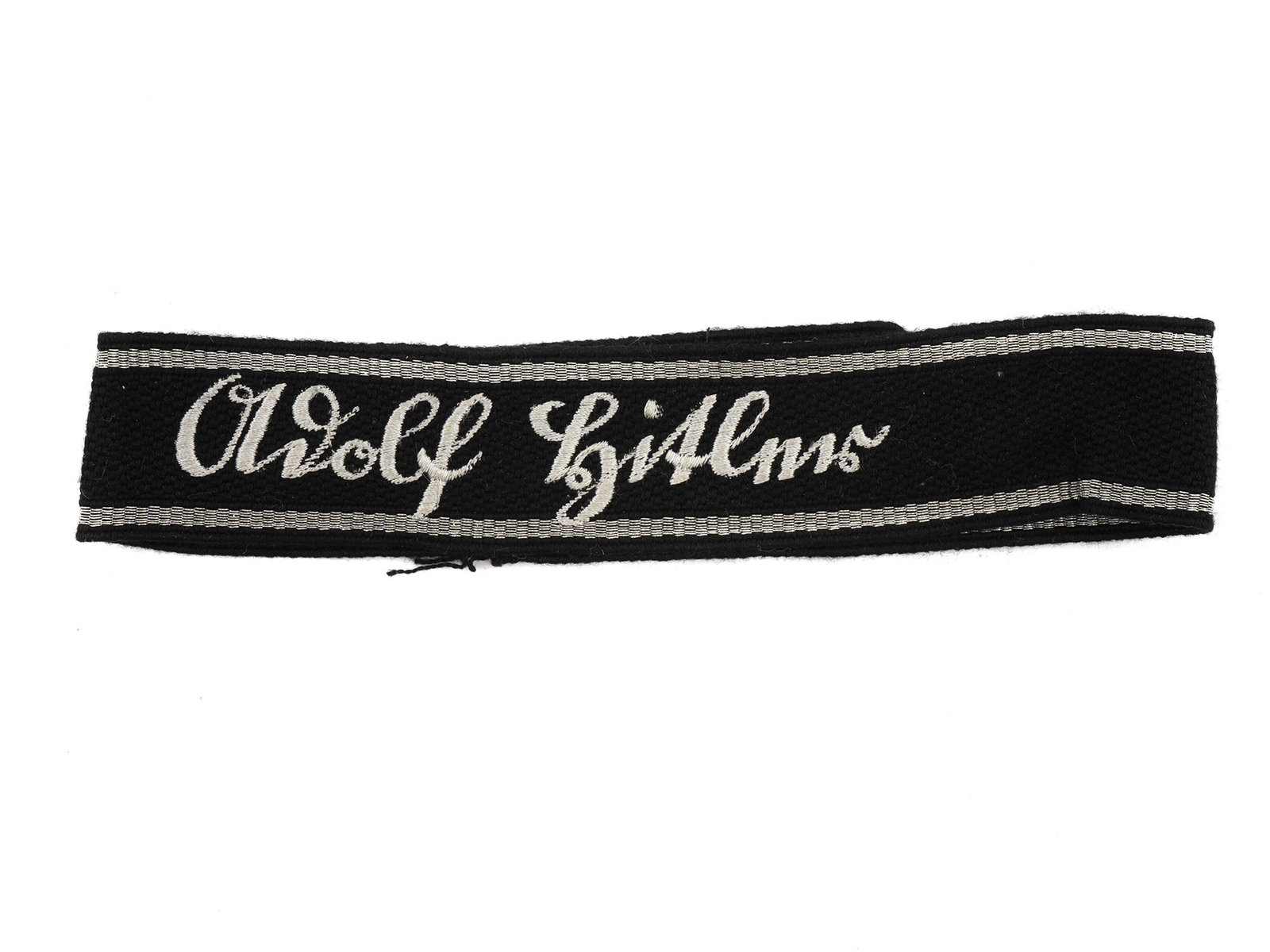 AN "ADOLF HITLER" OFFICER'S CUFFTITLE ARMELSTREIFFEN: Armband of an SS unit Regiment "Leibstandarte SS Adolf Hitler". The 1st SS Panzer Division Leibstandarte SS Adolf Hitler or SS Division Leibstandarte, abbreviated as LSSAH (1. SS-Panzerdivision "Leibs
