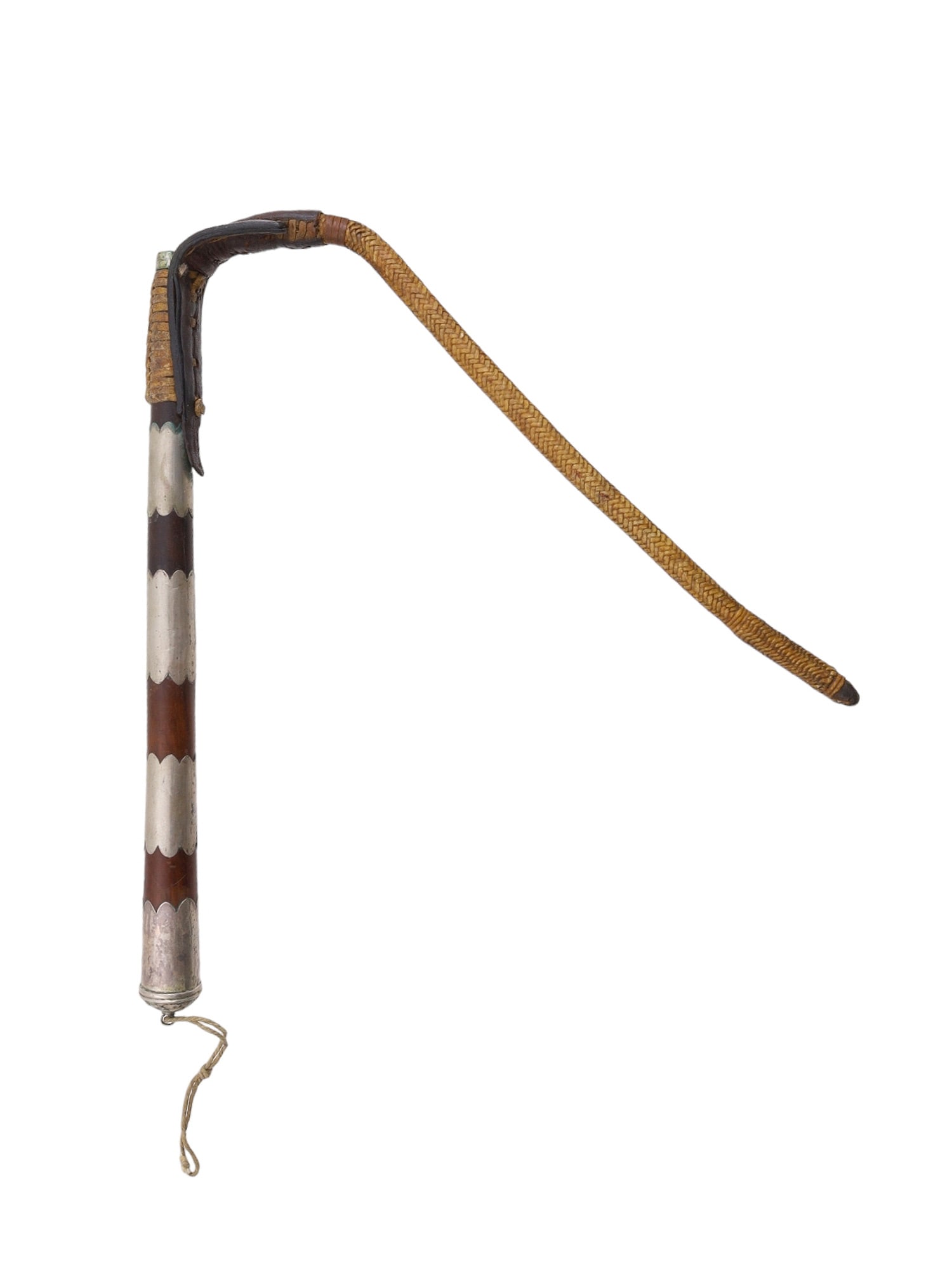 A CENTRAL ASIAN OR BUKHARAN SILVER-MOUNTED WHIP, 19TH C.: A riding crop of the type used throughout Central Asia, this particular one possibly being from the important Silk Road city of Bukhara. The head of the whip is missing, but the rest of the piece is i