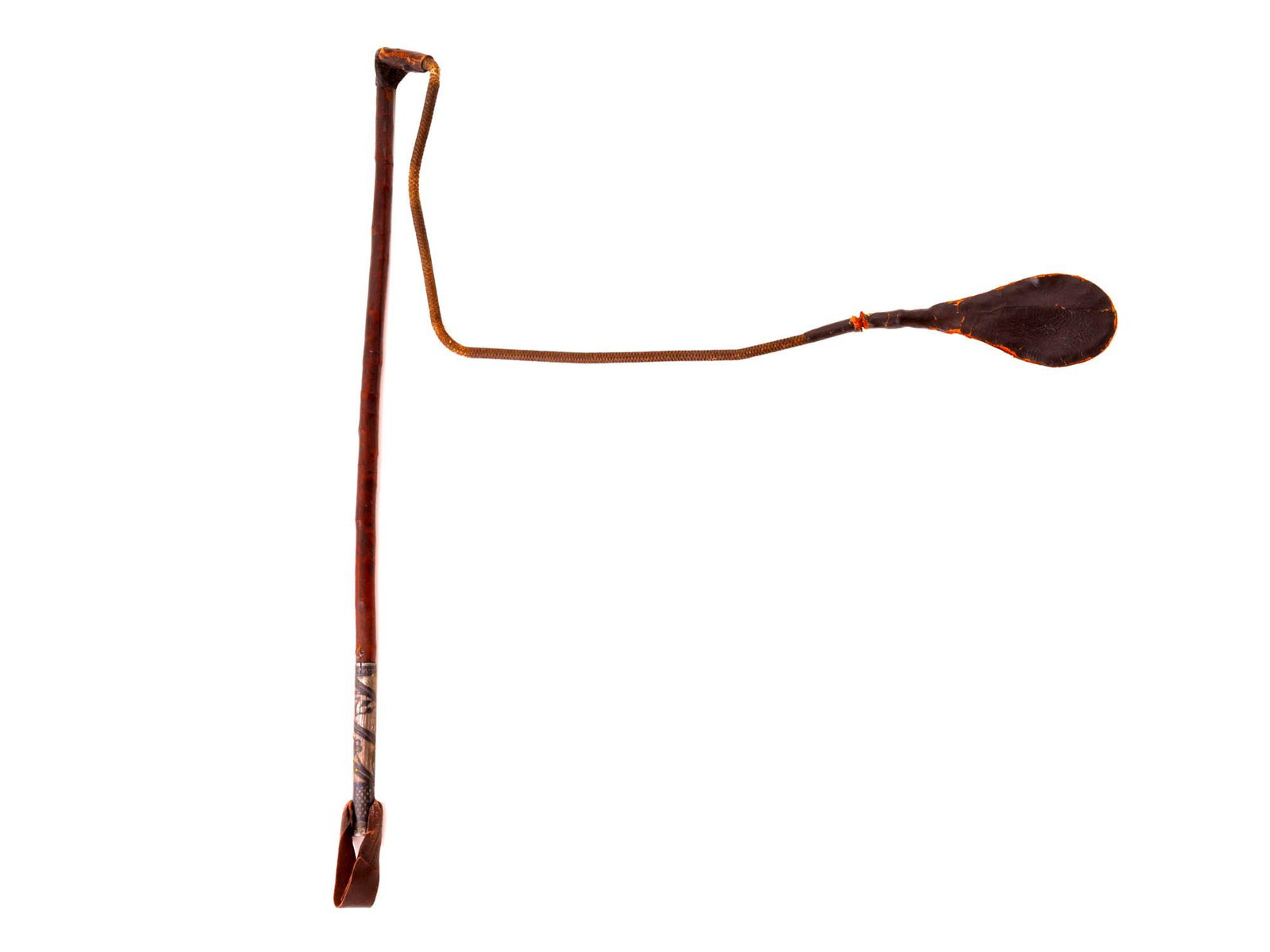 A RUSSIAN OR CAUCASIAN SILVER-MOUNTED HORSE WHIP, 19TH CEN.: This late 19th century horse-whip is adorned with beautiful floral ornamentation on the handle and a similarly styled end cap at the tip of the red-stained cane shaft. The leather is mostly intact exc