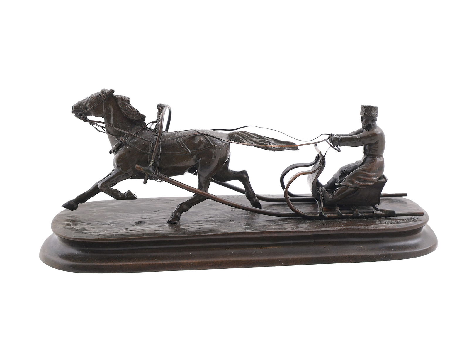 VASILI GRACHEV (RUSSIAN, 1831-1905) ANTIQUE BRONZE SCULPTURE COSSACK ON SLEIGH: Modeled by Vasili Yakovlevich Grachev (Russian, 1831-1905), cossack on a horse-drawn sleigh Signed in Cyrillic, foundry mark "Fabr. C.F. Woerffel". Caa. 1900. L: 9 3.4 in., (23.7 cm.)