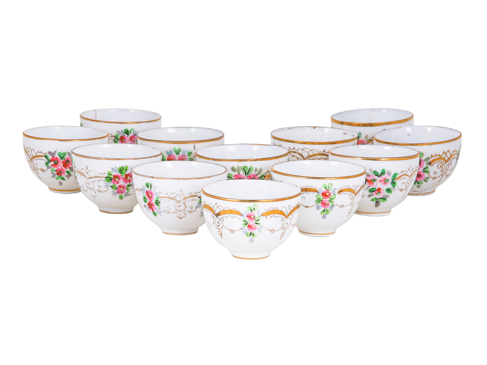 12 RUSSIAN PORCELAIN VODKA CUPS BY KUZNETSOV, 1900-1910 (1 of 3)