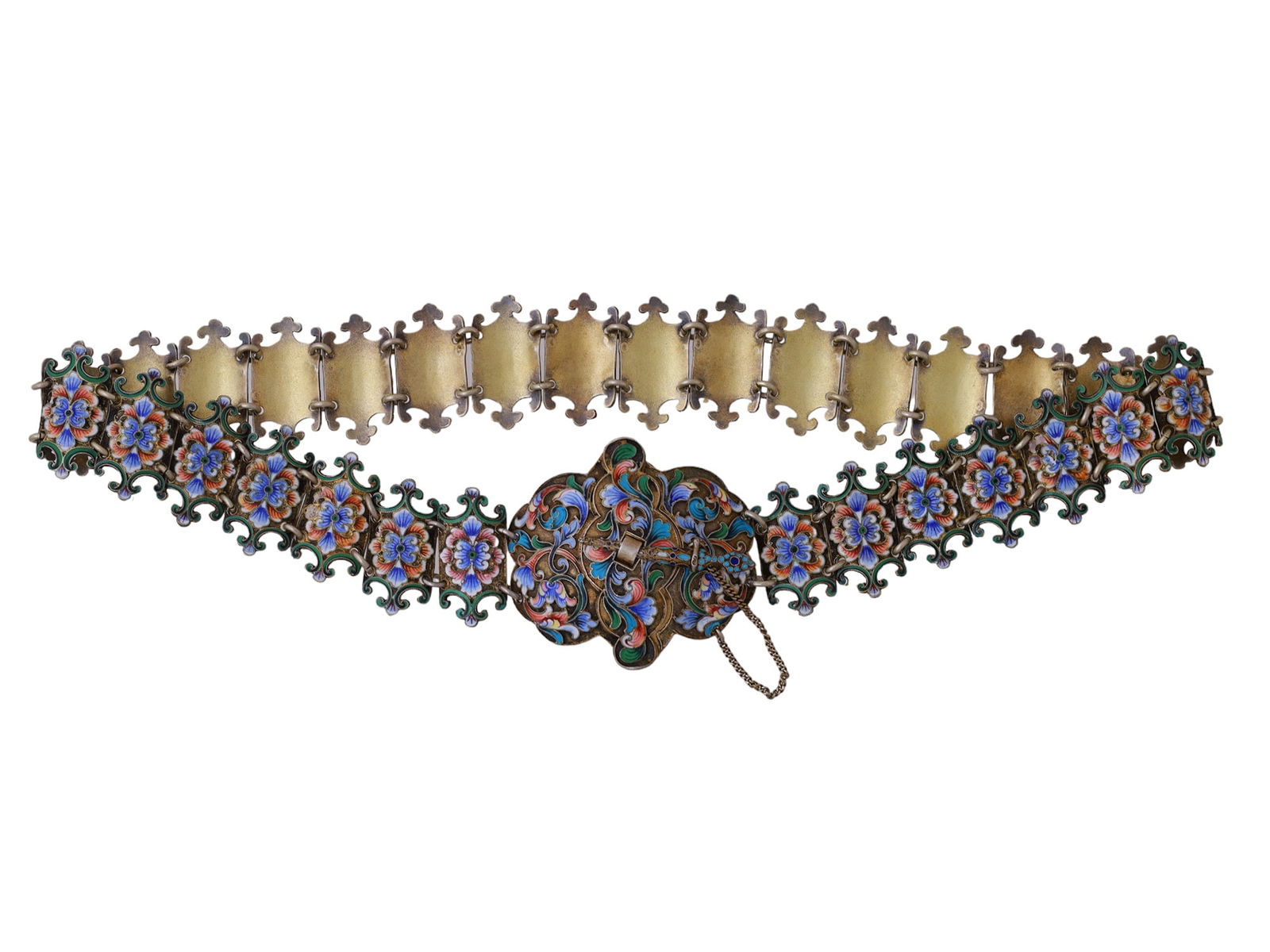 A RUSSIAN IMPERIAL SILVER AND CLOISSONNE ENAMEL BELT, CA. 1880 (1 of 7)