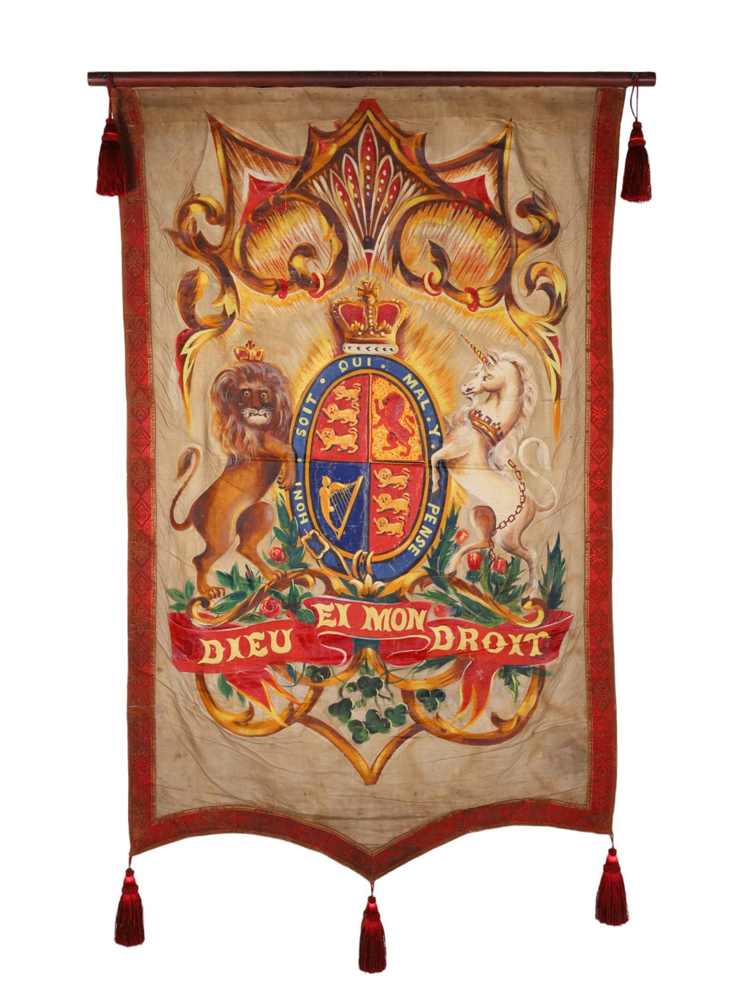 A BANNER WITH ROYAL BRITISH HERALDRY, MID 19TH C.: The banner is of cloth with embroidered edges and a painted depiction of the coat of arms of the United Kingdom of Great Britain and Northern Ireland. The arms are supported by a lion and a unicorn an