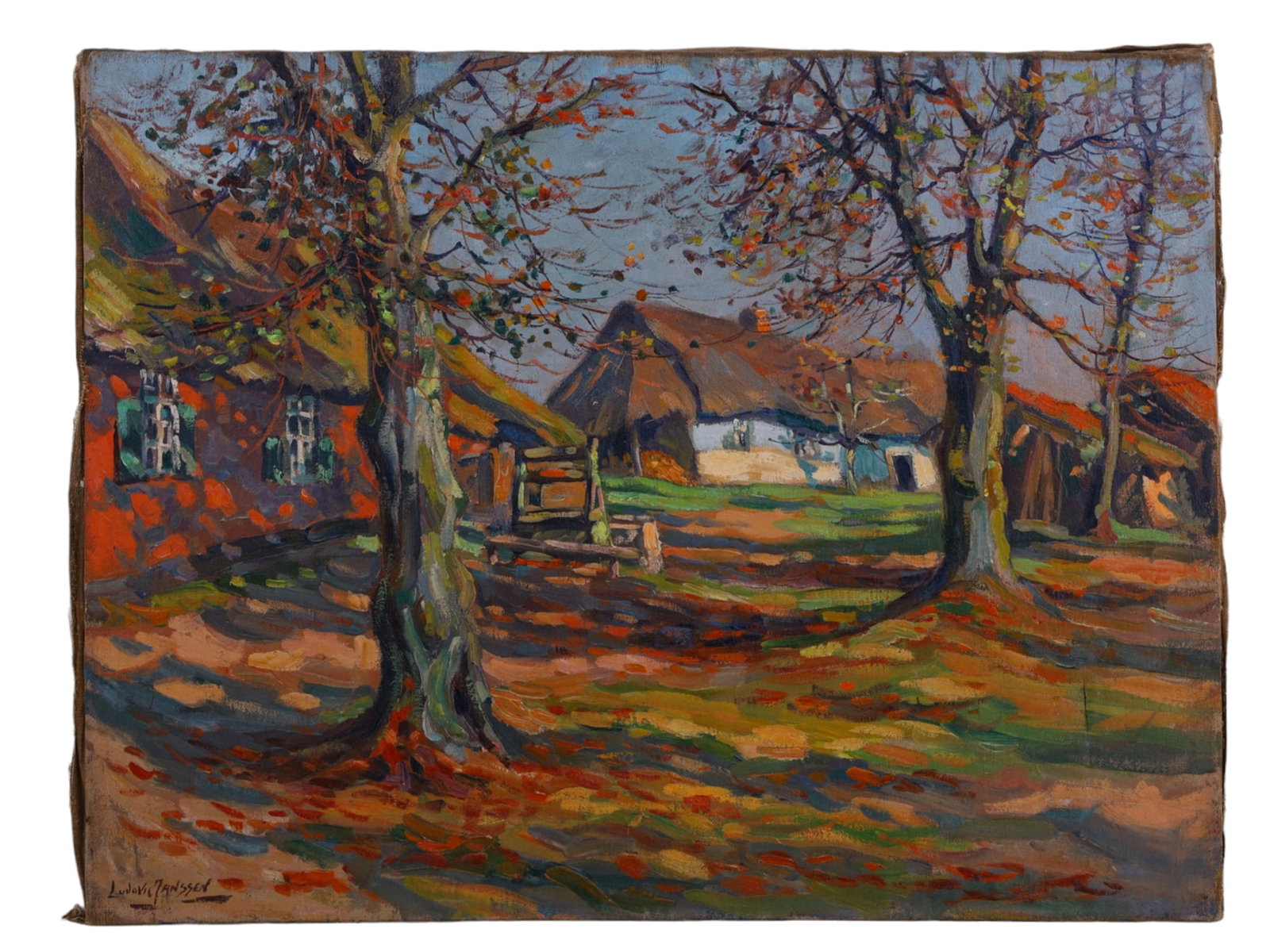 A LUDOVIC JANSSEN, BELGIAN, OIL ON CANVAS PAINTING, 1929: Ludovic Janssen (1888 - 1954), oil on canvas painting 'La ferme rouge,' 'The red farm,' 1929. depicting an autumn rural landscape. Signed by the artist lower left. Additionally signed, titled, dated a