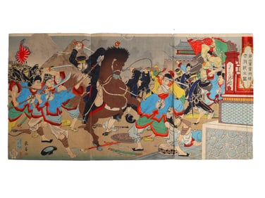 A SHUKO TOMITA ORIGINAL WOODPLOCK PRINT, JAPANESE, "ATTACKING JIULIANCHENG OF QING KINGDOM" - 1894