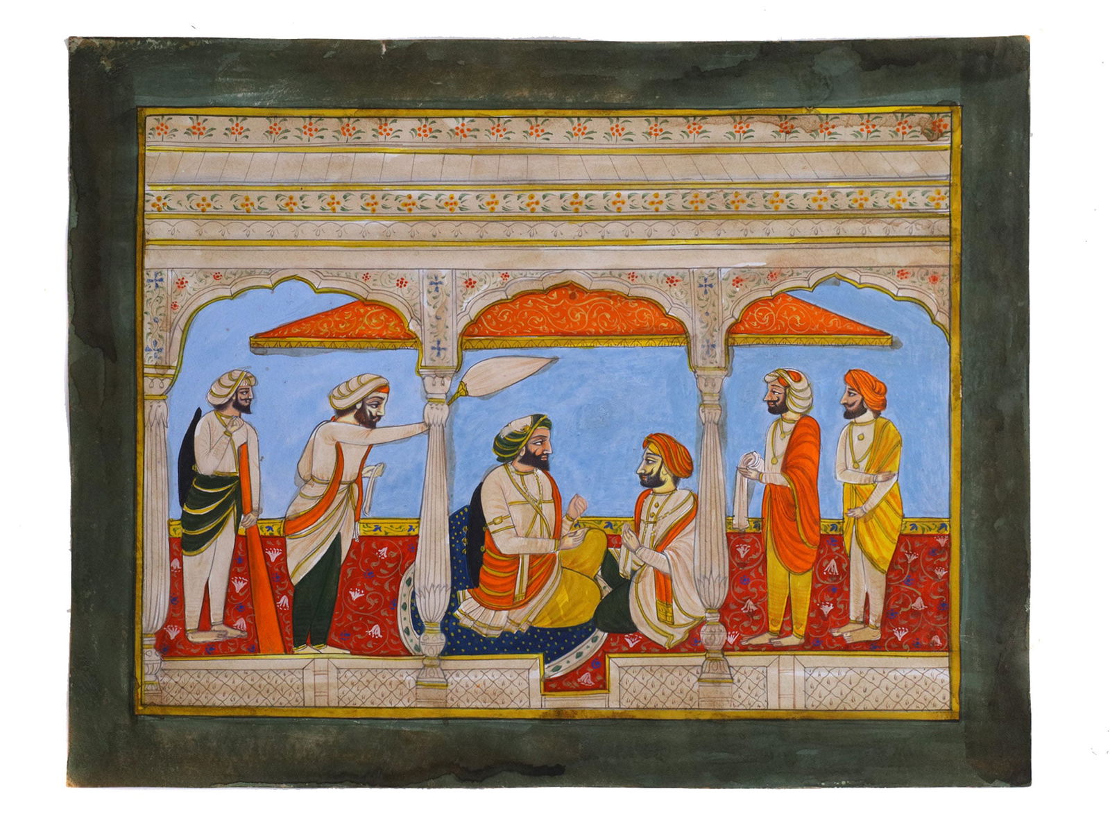 AN INDIAN SIKH SCHOOL MINIATURE PAINTING OF A SIKH MAHARAJAH COURT SCENE (1 of 3)