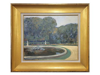 AN ALEXANDER BENOIS, RUSSIAN, OIL ON CANVAS PAINTING, 1906: Alexandre Benois (Russian, 1870-1960), "Les Bassins de Versailles," 1906 oil on canvas painting. Signed, dated and inscribed 'Paris' lower right. Framed. Provenance: Shapiro Auctions, November 7, 2020