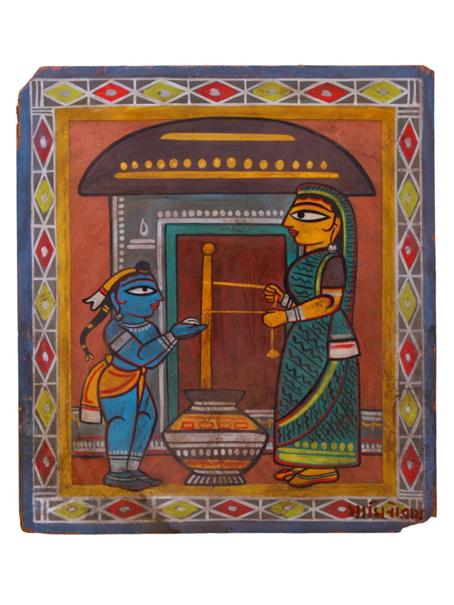 A JAMINI ROY (1887-1972) TEMPERA (POSSIBLY PASTEL AND/OR GOUACHE) ON CARDBOARD PAINTING: Jamini Roy (Bengali: ?????? ????) (11 April 1887 – 24 April 1972) Tempera (possibly pastel and/or gouache) on cardboard, signed in the lower right. Born in 1887 in a small village in Beliatore, Bank