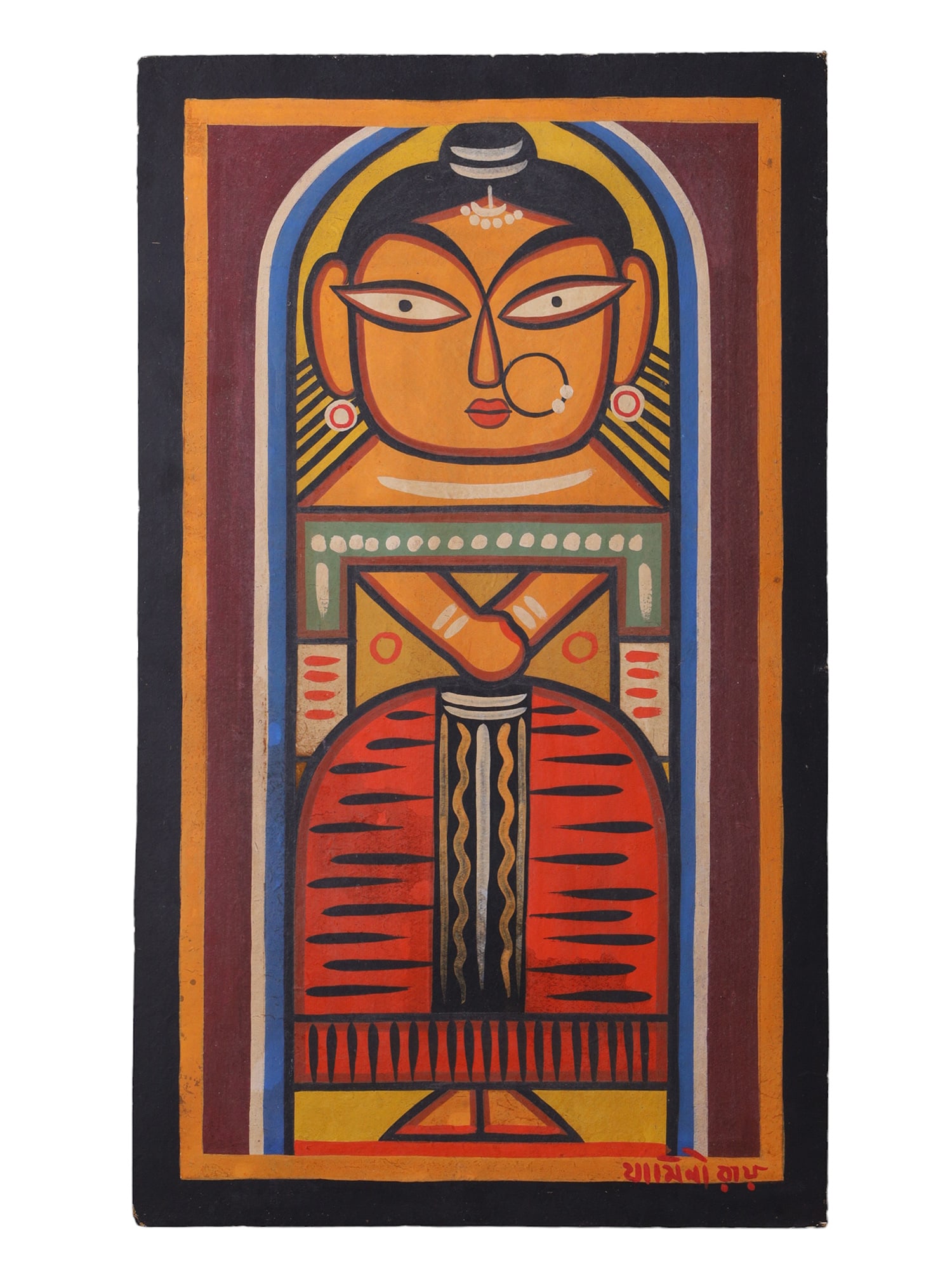 A JAMINI ROY (1887-1972) TEMPERA (POSSIBLY PASTEL AND/OR GOUACHE) ON CARDBOARD PAINTING (1 of 3)