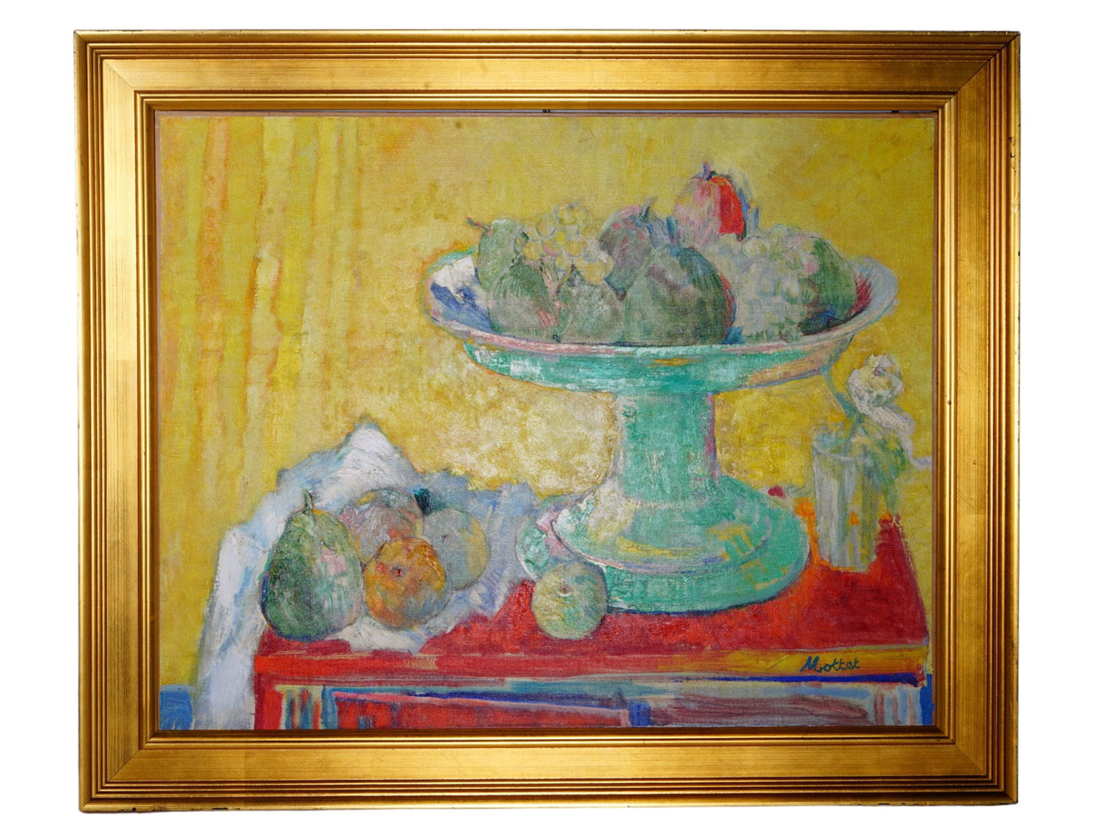 A STILL LIFE WITH PEARS OIL ON CANVAS PAINTING BY YVONNE MOTTET, 20TH CEN. (1 of 4)